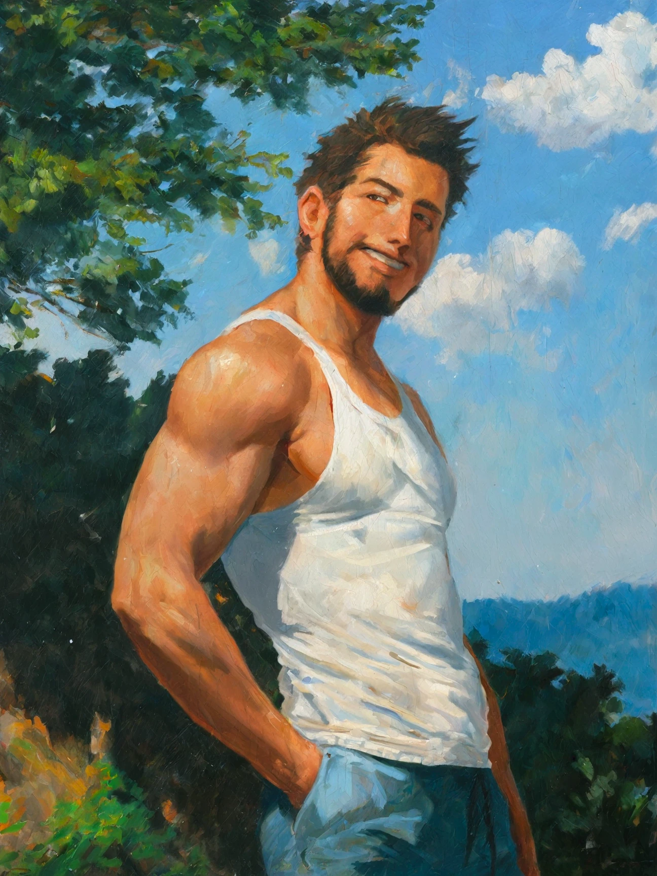 masterpiece, best quality, absurdres, highres, 1man, solo, mature male, smile, bara, singlet, nature, oil painting, traditional medium