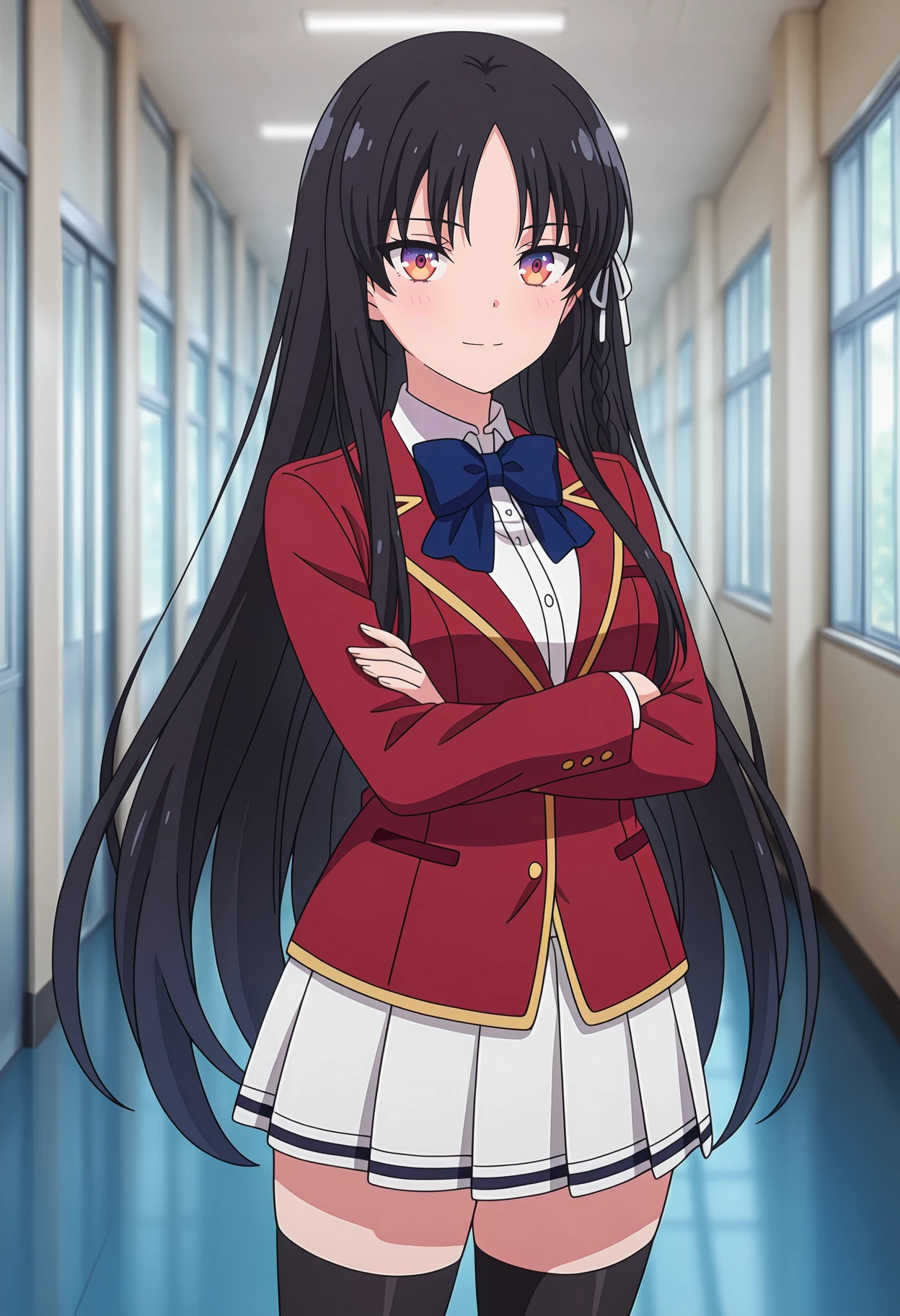 anime screencap, masterpiece, best quality,
1girl, solo, closed mouth, light smile, blush,
side braid, parted bangs, very long hair, black hair, multicolored eyes, purple eyes, orange eyes, hair ribbon, white ribbon,
blazer, red jacket, collared shirt, white shirt, blue bowtie, long sleeves, miniskirt, pleated skirt, white skirt,
black thighhighs,
crossed arms, standing, looking at viewer, cowboy shot,
hallway, photo background, blurry background
 <lora:ClassroomOfTheElite_HorikitaSuzume_IlluXL:0.9>