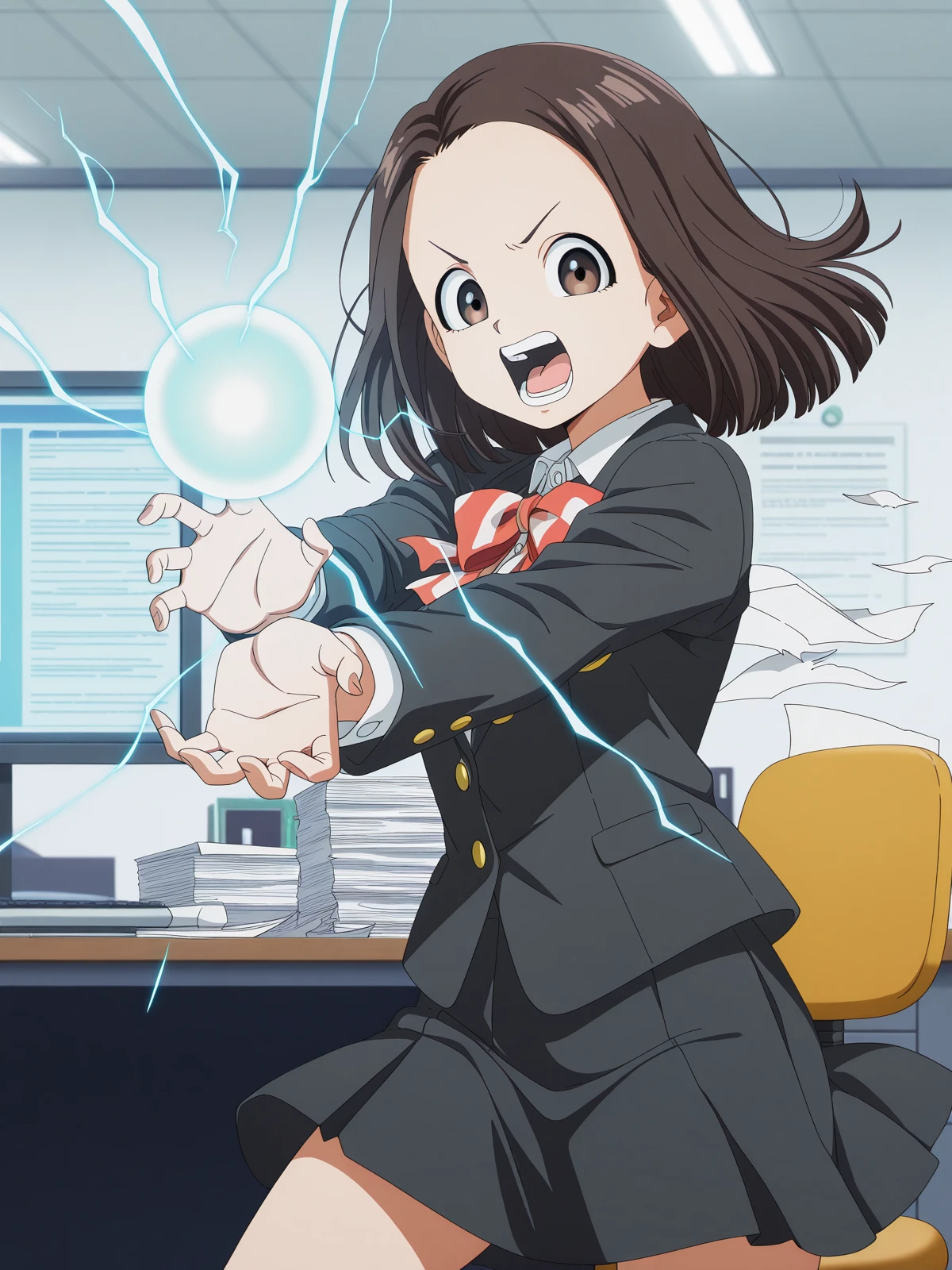 masterpiece, best quality, amazing quality,, <lora:touko-usagihara-s1-illustriousxl-lora-nochekaiser:1>, touko usagihara, short hair, brown hair, brown eyes, medium hair, forehead, anime screencap,, skirt, long sleeves, jacket, black skirt, black jacket, blazer, bow, bowtie, stripped, stripped bowtie,, <lora:kamehameha-illustriousxl-lora-nochekaiser:1>, kamehameha, kamehameha (dragon ball), open mouth, outstrecthed arms, torn clothes, shouting, energy, energy beam, energy ball, from side, electricity,, office, desk, computer, chair, paperwork, cowboy shot, solo, looking at viewer,