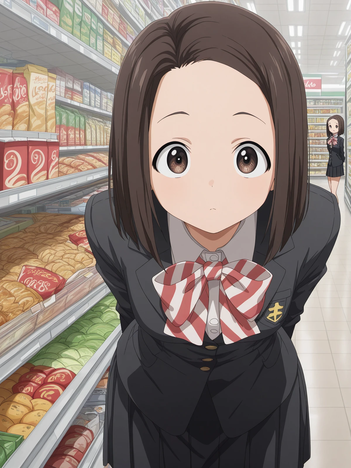 masterpiece, best quality, amazing quality,, <lora:touko-usagihara-s1-illustriousxl-lora-nochekaiser:1>, touko usagihara, short hair, brown hair, brown eyes, medium hair, forehead, anime screencap,, skirt, long sleeves, jacket, black skirt, black jacket, blazer, bow, bowtie, stripped, stripped bowtie,, hands behind back, bent over,, supermarket, aisles, shopping, food, shelves, cowboy shot, solo, looking at viewer,
