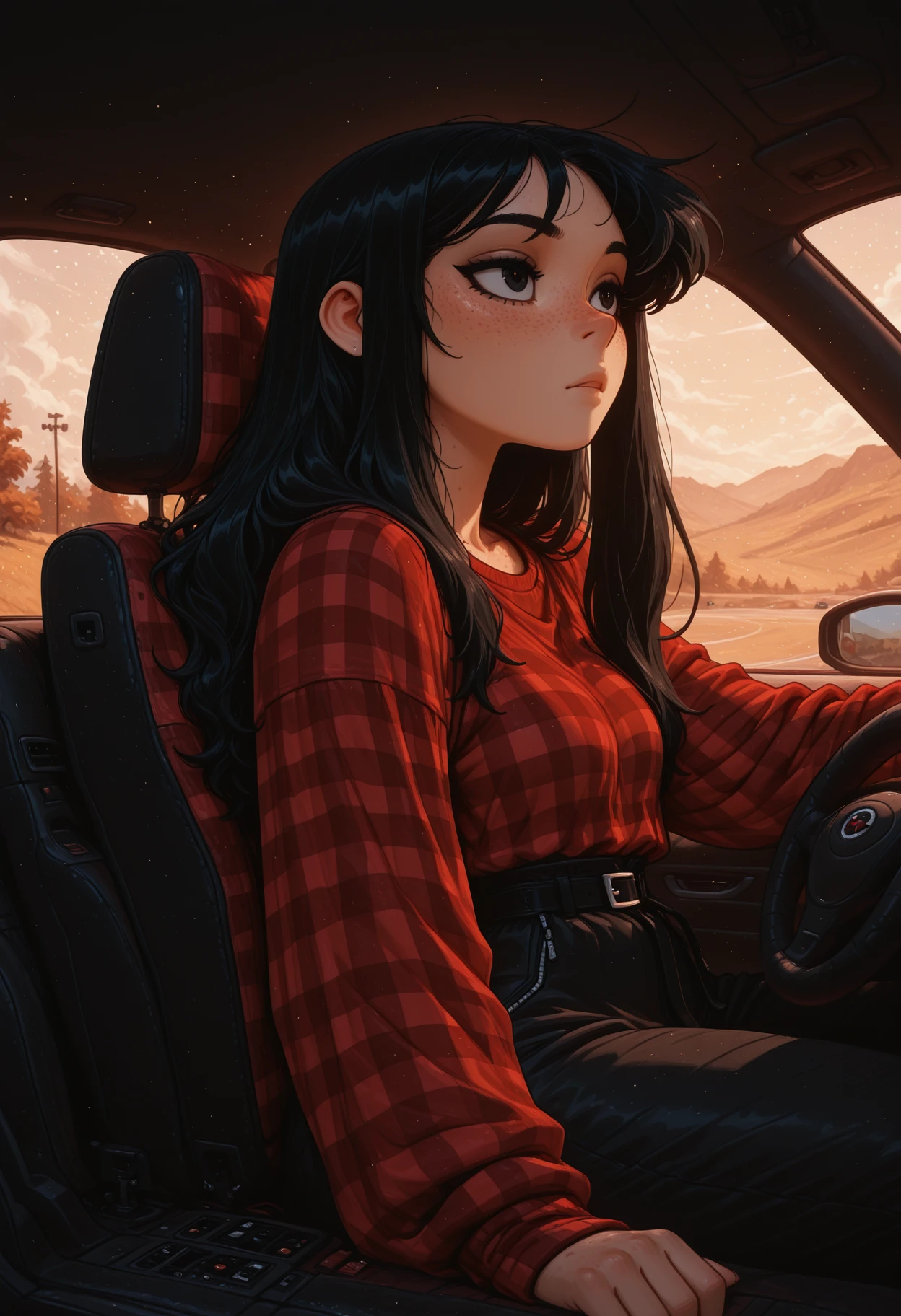 newtooncore, masterpiece, best quality, 1girl, black hair,long hair, freckles, in car, drive, red checks, hip hop clothing, oversize hoddy