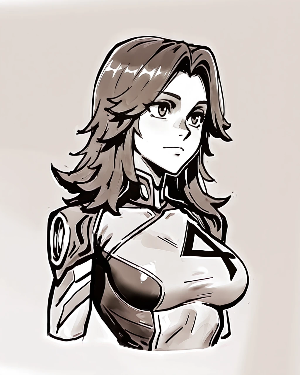 absurdres, high quality, masterpiece,very awa, <lora:Ink_Black_and_WhiteILLUST:1> inkinkstyle, minimalistic, monochrome <lora:ILMRInvW0m4n:1>mrinvw0m4n, medium hair, medium breasts, bodysuit, skin tight, large breast, portrait