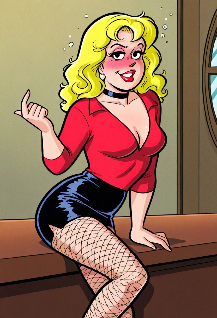 intricate details, perfect anatomy, perfect eyes, close-up, solo) lustful eyes, naughty face, puckered lips, drunk, ((looking at viewer, eye contact)), arched back, sexy pose, showing off curves, teasing viewer, relaxing at luxurious bar, beckoning to join, sitting on bar, legs crossed, indoors,
Betty, 1girl, solo, blonde hair, medium breasts, lipstick, red lips, makeup retro artstyle, 1980s (style), fishnets, pantyhose, skirt, fishnet pantyhose, thighhighs, choker, Red shirt, black skirt, wavy hair