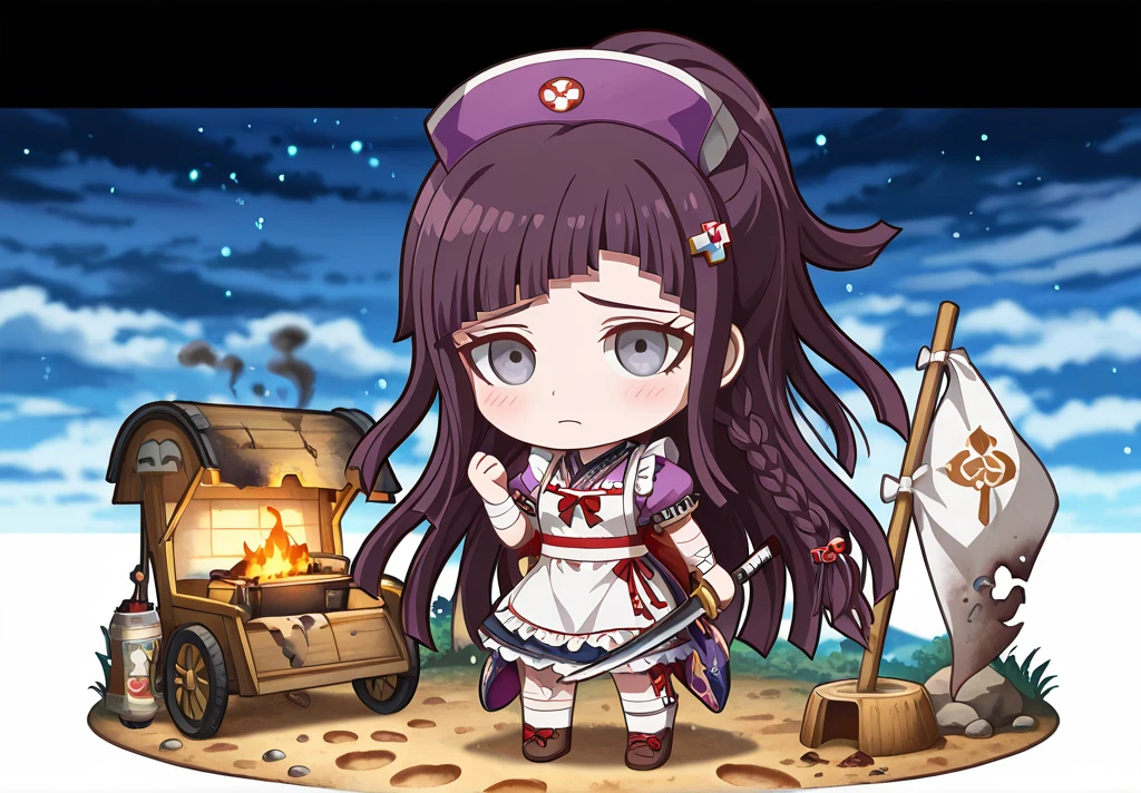 <lora:lazypos:1>, lazypos , <lora:Asuka_Zero_Style:1>, detailed_background, nighttime_festival_grounds_empty, scattered_lanterns_on_ground, overturned_food_cart_with_straw, broken_mask_on_pole, footprints_in_rain_puddles, kneeling_beside_fire_pit, hands_holding_burnt_letter, smoke_from_extinguished_bonfire, torn_banner_with_clan_symbol, distant_drum_sounds_in_fog ,asuka_zero, 1girl, alternate_costume, apron, archery, bandaged_arms, bandaged_legs, bandages, blush, bow, braided_hair, brown_footwear, chest_bow, collaboration, crossover, danganronpa_(series), full_body, grey_eyes, hair_ornament, hat, holding_bow, holding_weapon, japanese_bow, japanese_clothes, kimono_elements, long_hair, nurse_cap, purple_hair, purple_headwear, red_bow, shoes, short_sleeves, solo, traditional_japanese, tsumiki_mikan, twin_braids, wa_lolita, weapon, white_apron, white_dress, white_socks, yumi_(bow),chibi, cute,game_cg, game_sprite,kawaii,mobile_game,official_art,pixel_art_style,simplified_anatomy,sprite,super_deformed