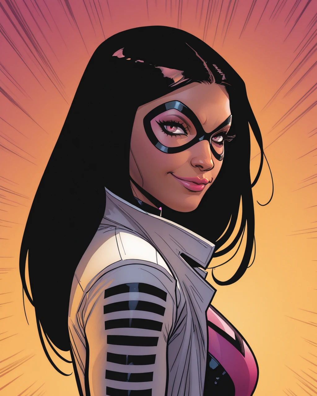 masterpiece, best quality, absurdres, perfect quality, absolutely eye-catching,  source_comics, western comics (style),   <lora:SaraPichelliStyleIllus:1> sarapstyle,   <lora:BombshellIllus:1> lanab, long hair, black hair, domino mask, labcoat, bodysuit, from side, looking at viewer, seductive smile, portrait,