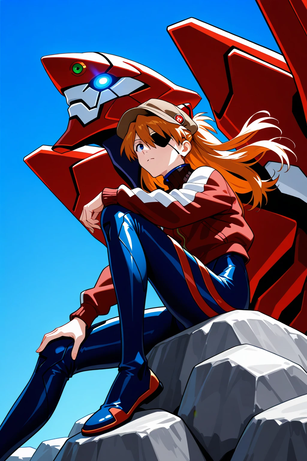 1girl,absurdres,blue_background,blue_eyes,blue_sky,bodysuit,brown_hat,dgwaves,eyepatch,floating_hair,hand_on_own_knee,hat,highres,jacket,long_hair,looking_up,mecha_pilot_suit,neon_genesis_evangelion,one_eye_covered,orange_hair,plugsuit_\(evangelion\),red_jacket,rock,sitting,sky,solo,souryuu_asuka_langley,striped_clothes,striped_jacket,turtleneck,turtleneck_jacket