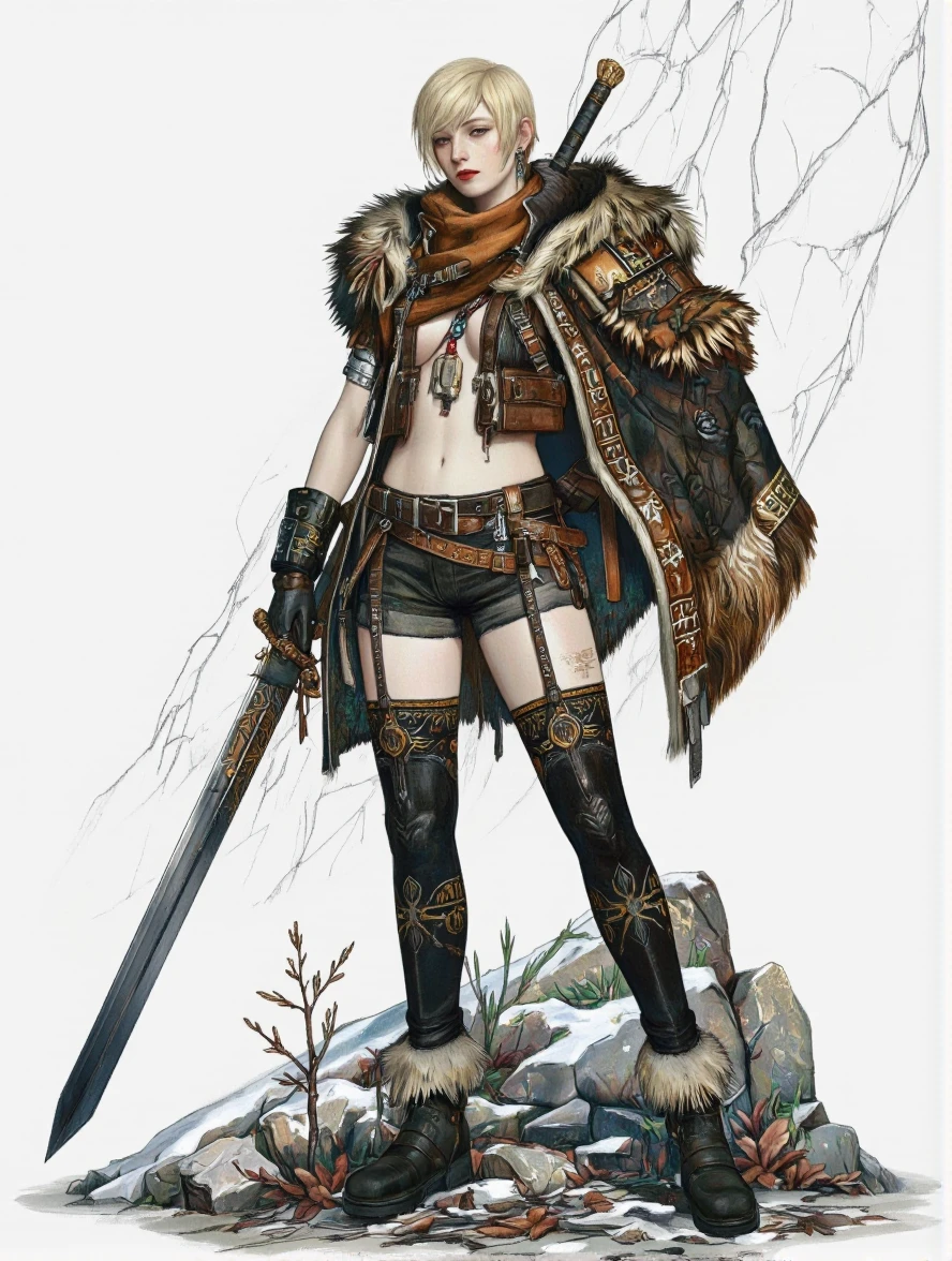 SerBira Style. A detailed and realistic digital illustration of a female character from the video game "monster hunter world", standing confidently in the middle of the image, wearing a tribal-inspired outfit consisting of a fur-lined jacket with intricate patterns and a pair of shorts. the character has a muscular build and pale skin, with short blonde hair styled in a sleek, straight look. she is standing with her full body facing the viewer, looking directly at them with a confident expression. her eyes are focused intently on something in the distance, and she is wearing black thigh-high stockings with tribal patterns and fur trim along her legs. her outfit includes a fur stole draped over her shoulders, which adds a touch of elegance to her overall look. the background is a stark white, with a rocky terrain and a hint of snow in the background, creating a stark contrast between the character and the environment.
1girl, solo, , looking at viewer, short hair, simple background, blonde hair, gloves, thighhighs, holding, navel, closed mouth, jewelry,  shoulders, standing, full body, , blonde eyes, white background, boots, black gloves, belt, earrings, pants, fur trim, black footwear, fur coat, holding weapon, fur-trimmed leg warmers, fur stole, holding sword, shoulder armor