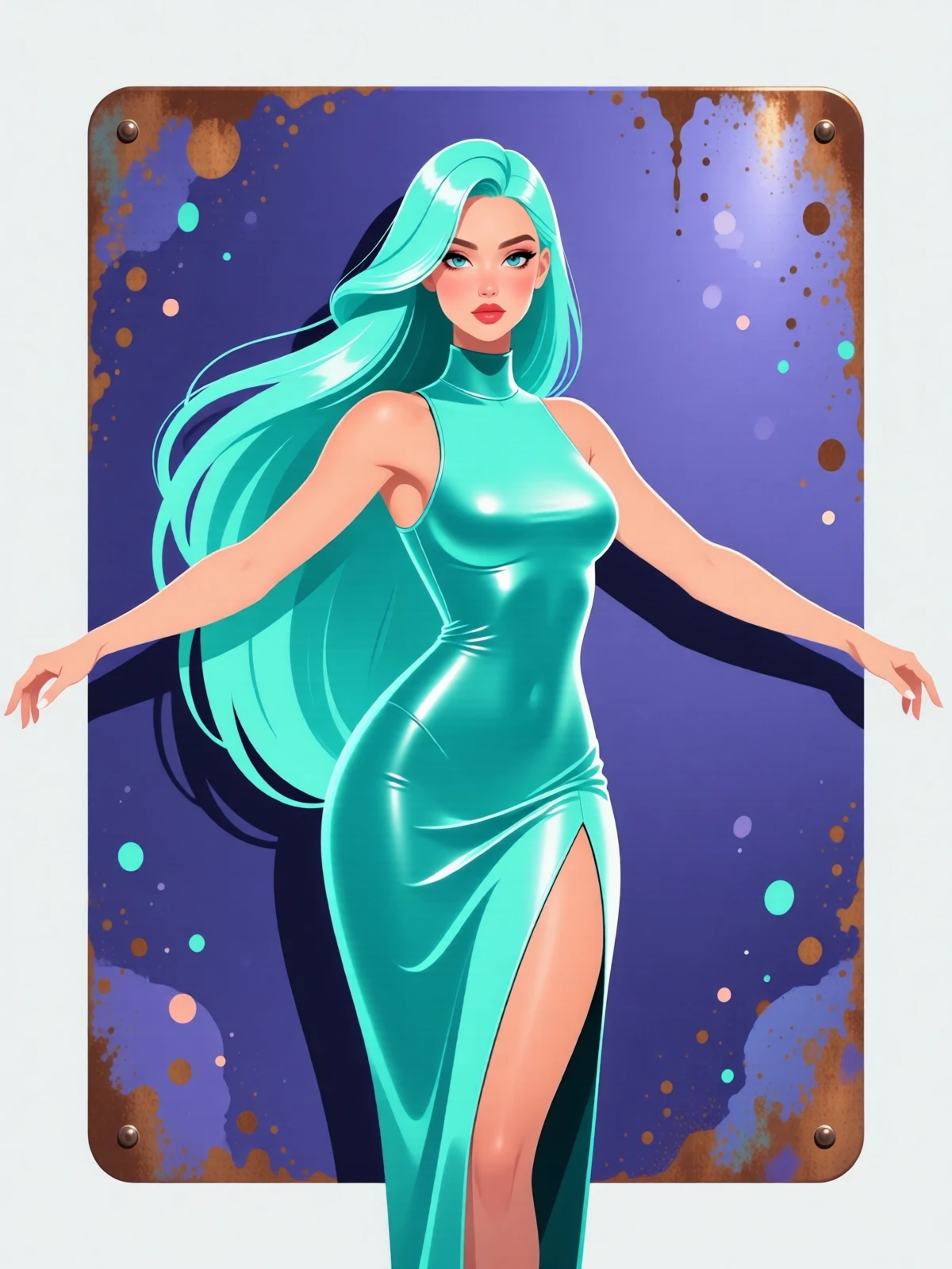 Minimalist flat vector art; flat colors; no lineart; simple shapes; soft, subtle gradients; A slim, toned, atheletic woman with long glowing mediumaquamarine hair, wearing Mock-neck gown with a back slit Pose: outstretched arms background: 3-dimensional,rectangular,splotchy abstract image, Furry style color scheme: corroded blueviolet metal and shiny springgreen <lora:QwenVectorPinup_v1:1.0> <lora:Qwen-Image-Lightning-4steps-V1.0-bf16:1.0>