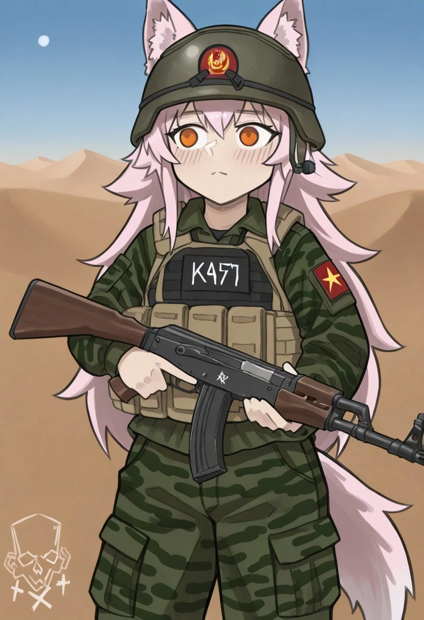mrbanzaistyle, best quality, masterpiece, 1girl, detail face, BREAK, Lanka Ookami, wolf girl, long hair, pink hair, wolf ears, ear fluff, fluffy wolf tail, ((wolf tail)), (orange eyes: 1.1),<lora:military-combat-uniform-ponyxl-lora-nochekaiser:1> military combat uniform, camouflage jacket, camouflage, load bearing best, camouflage pants, soldier, bulletproof vest, combat helmet, assault rifle, rifle (AK47 soviet rifle),, desert, sun, blue sky,, cowboy shot,