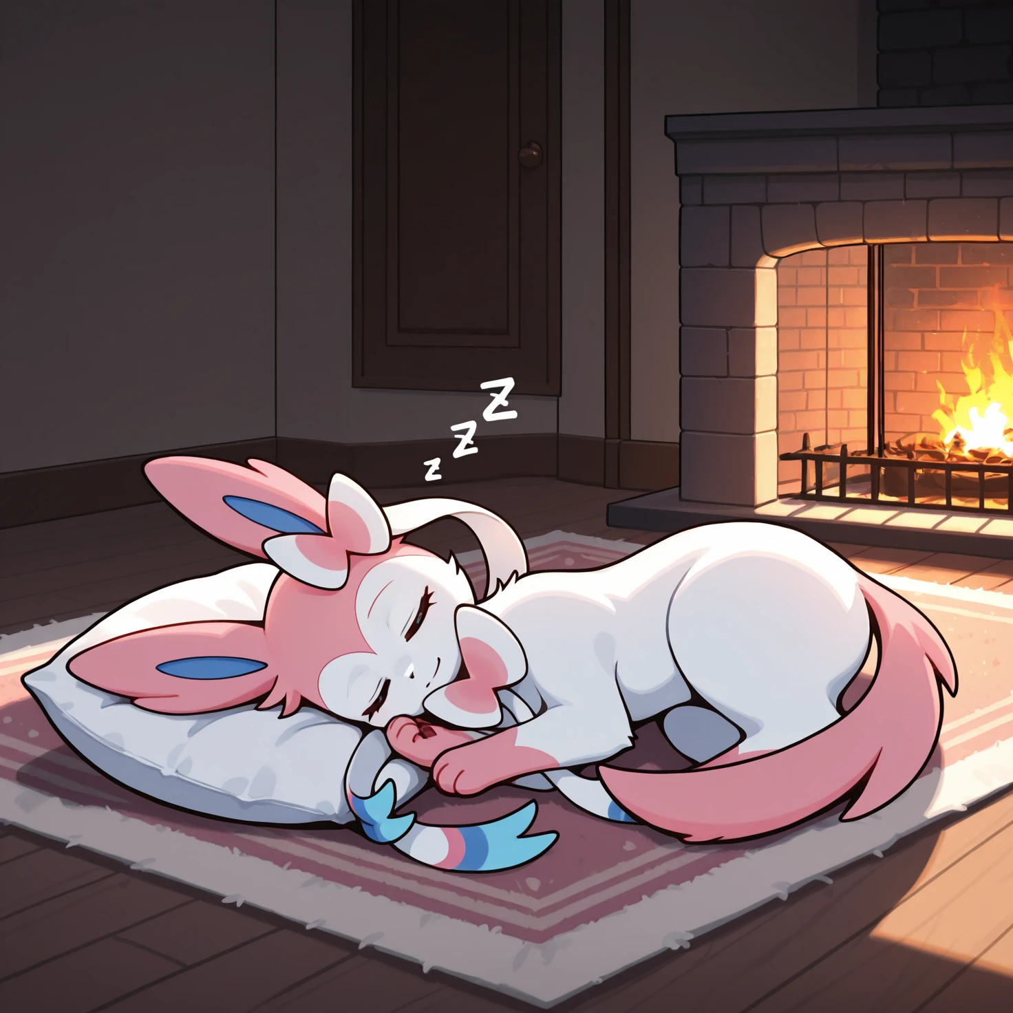 solo, sylveon, light smile, sleeping on pillow, zzz, fireplace, indoors, detailed background, detailed outlines, wooden floor, rug