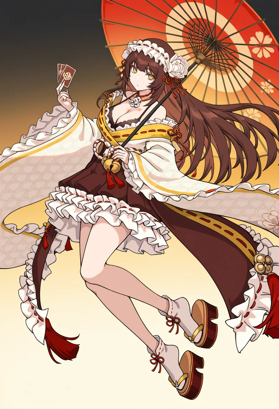 masterpiece,best quality,amazing quality,very aesthetic,absurdres,newest,extreme aesthetic,
<lora:ç¾å¨
:1>,brown hair,long hair,yellow eyes,
Mela Lee,ML black bra,ML waist bell,ML frilled sleeves,ML geta,ML white hair flower,ML white hair ornament,ML colorful kimono,off shoulder,platform footwear,red rope,ML frilled skirt,ML white tabi,tassel,wide sleeves,
card,cleavage,holding umbrella,