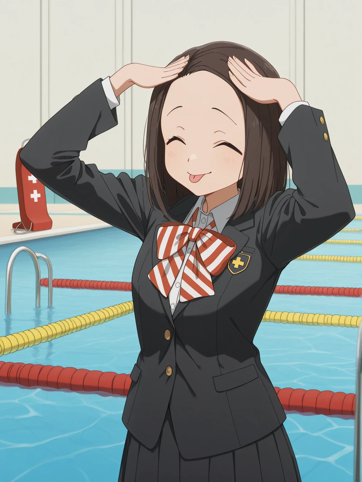 masterpiece, best quality, amazing quality,, <lora:touko-usagihara-s1-illustriousxl-lora-nochekaiser:1>, touko usagihara, short hair, brown hair, brown eyes, medium hair, forehead, anime screencap,, skirt, long sleeves, jacket, black skirt, black jacket, blazer, bow, bowtie, stripped, stripped bowtie,, <lora:ah-eto-bleh-illustriousxl-lora-nochekaiser:1>, ah eto bleh, ah eto... bleh (meme), hands on own head, meme, arms on head, tongue out, closed eyes,, pool, water, lifeguard, swim_lane, float, cowboy shot, solo, looking at viewer,
