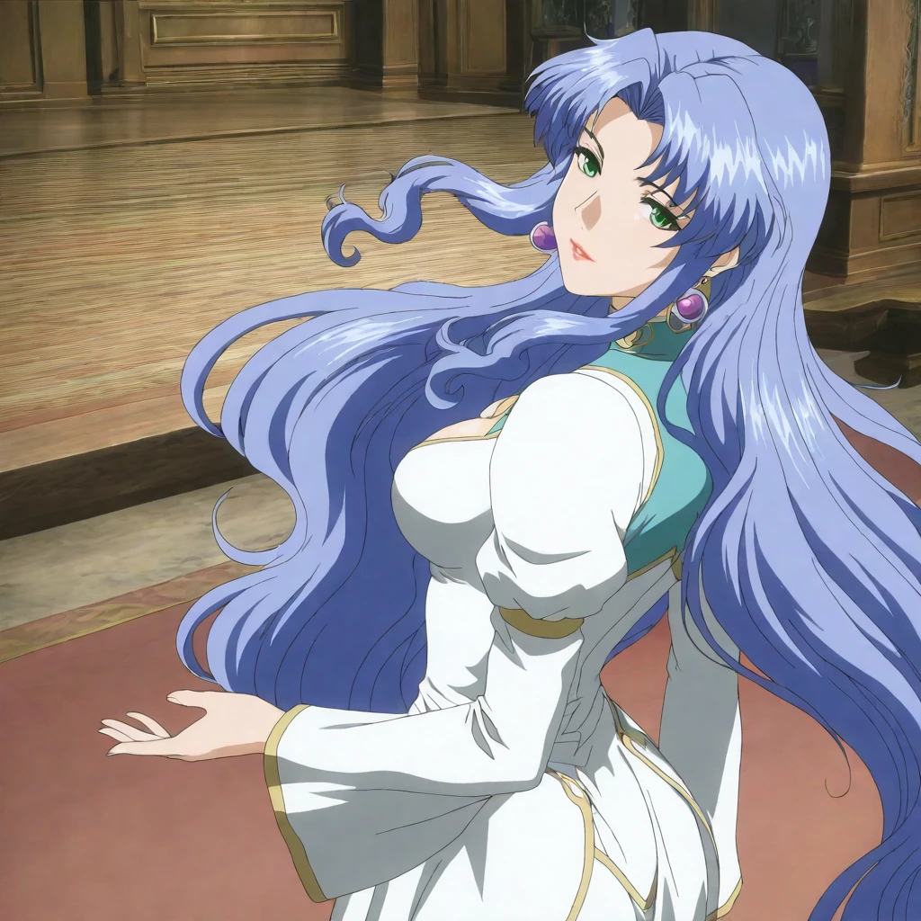 masterpiece,high score,great score,absurdres,solo,looking at viewer,from back,<lora:Freya_ss hassakuill30:1> freyass, blue hair, long hair, green eyes, lipstick, earrings,dress,