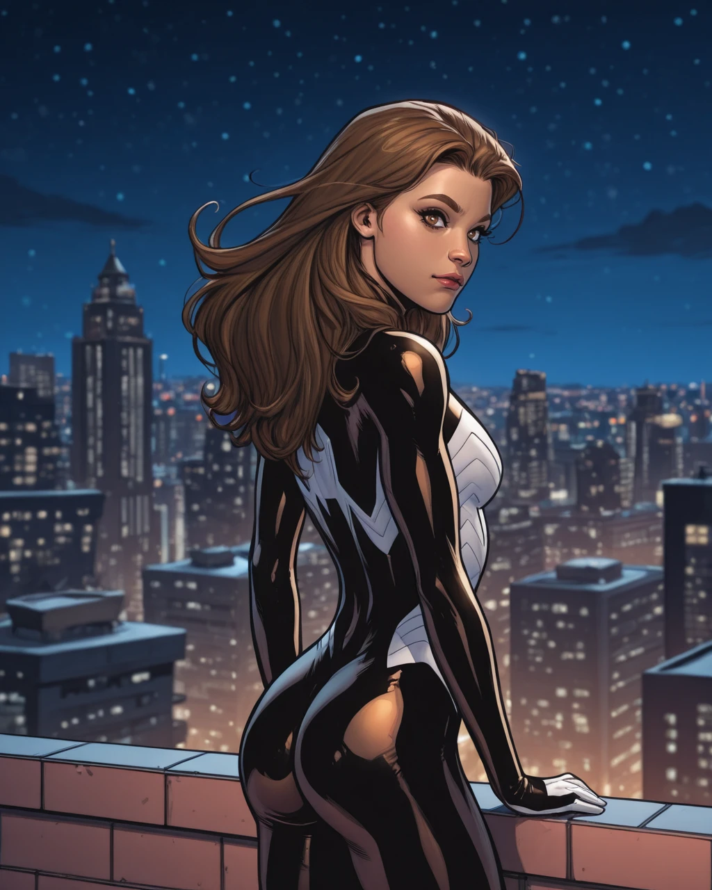 masterpiece, best quality, absurdres, perfect quality, absolutely eye-catching,  source_comics, western comics (style),   <lora:SaraPichelliStyleIllus:1> sarapstyle,  <lora:UltimateSpiderWomanIllus:0.8> 1girl, ultjess, long hair, brown hair, bodysuit, brown hair, brown eyes, night, cityscape, rooftop,  looking at viewer, ass