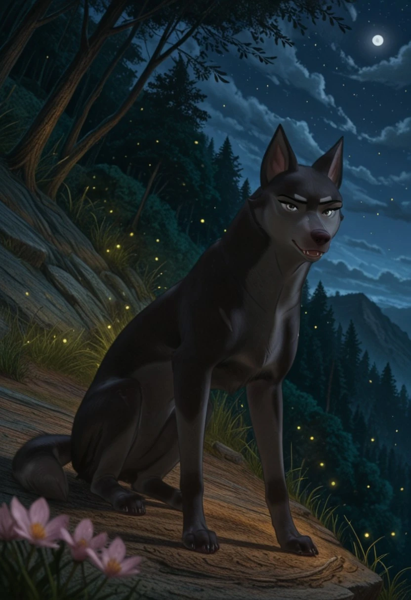 score_9, score_8_up, score_7_up, masterpiece, ultra-realistic, depth of field, traditional painting, ((cinematic)), (dynamic angle:1.2), (portrait), rule of thirds, foreground silhouette, ((focus on character)), particles, wind, fireflies, full body, looking at viewer, ((dim ambience)), sideways, sitting, night, flowers, fantastical, grass, nature, scenery, (midnight), small moon, mountain, cliff, (deciduous forest), clouds, solo, female, adult, (B4mi_und3rdog), (dog), feral, (slender physique:1.2), furry, (detailed fluffy fur), black fur, paws, claws, fangs, perfect eyes, (silver eyes), stern, tired