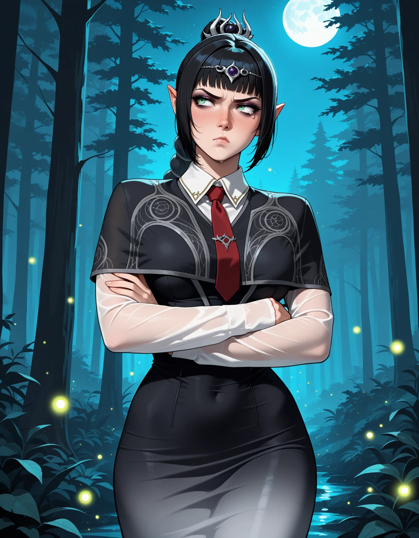 1girl solo,  shadowheart \(baldur's gate\), arms crossed, pouting, looking away, tears, red necktie, gradient dress, black capelet, see-through sleeves, long sleeves, sleeves past wrists, sleeves under clothes, shirt collar, hips, upturned nose,  <lora:Outfit_soph-FormFitMidiCapelet-ILXL:0.9> cowboy shot, forest, fireflies, full moon, masterpiece, best quality, very aesthetic, newest