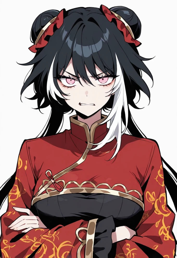 masterpiece, perfect face, beautiful face, perfect hands, beautiful hands, <lora:Jia_Xichun_Limbus_Illustrious_V2:1>, 1girl, solo, JiaXichunLimbus, long hair, four long braids, multicolored hair, black hair, white hair, double bun, red hair ornament, pink eyes, JiaXichunBase, chinese clothes, red sleeves, wide sleeves, gold trim, slit left side, crossed arms on , looking at viewer, angry face, upper body, portrait, simple white background