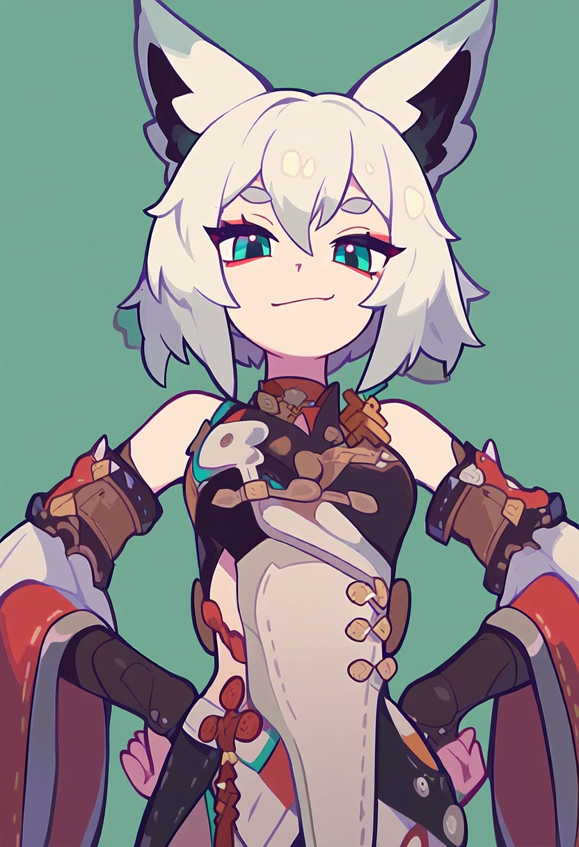 snwdctl, masterpiece, best quality, amazing quality, detailed eyes, 1girl, aqua_eyes, short_hair, white_hair, animal_ears, fox_ears, red makeup, smirk, hands_on_own_hips, straight-on, portrait, (cowboy_shot:0.8), looking_up, simple_background, aqua_background,