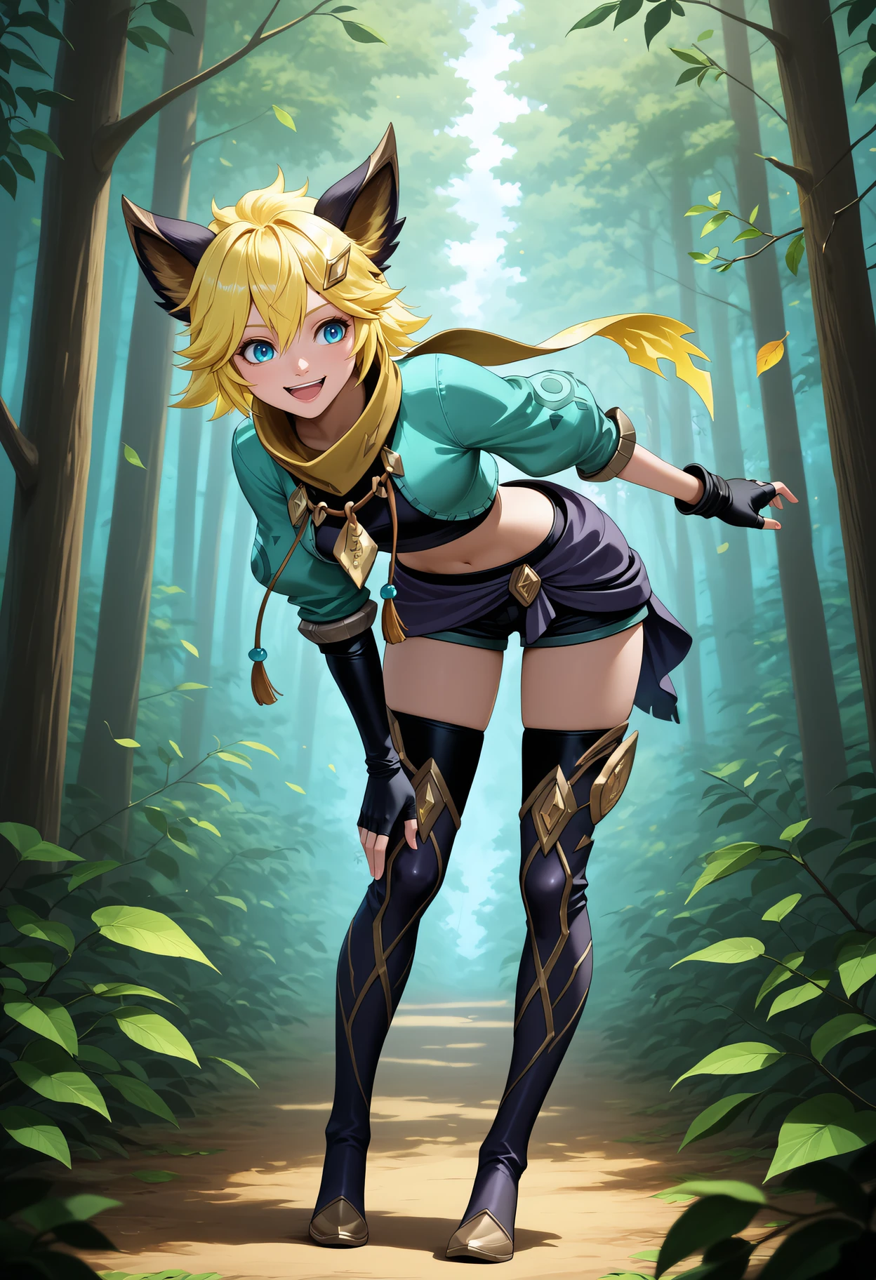 blonde hair, short hair, animal ears, hair between eyes, blue eyes, hairclip, necklace, yellow scarf, uneven gloves, single elbow glove, fingerless gloves, black gloves, cropped jacket, black crop top, aqua jacket, open jacket, open mouth, navel, black shorts, clothes around waist, black thighhighs, thigh boots, smile, full body, leaning forward, forest, branch, leaf, outdoors,<lora:joy_mlbb:1>