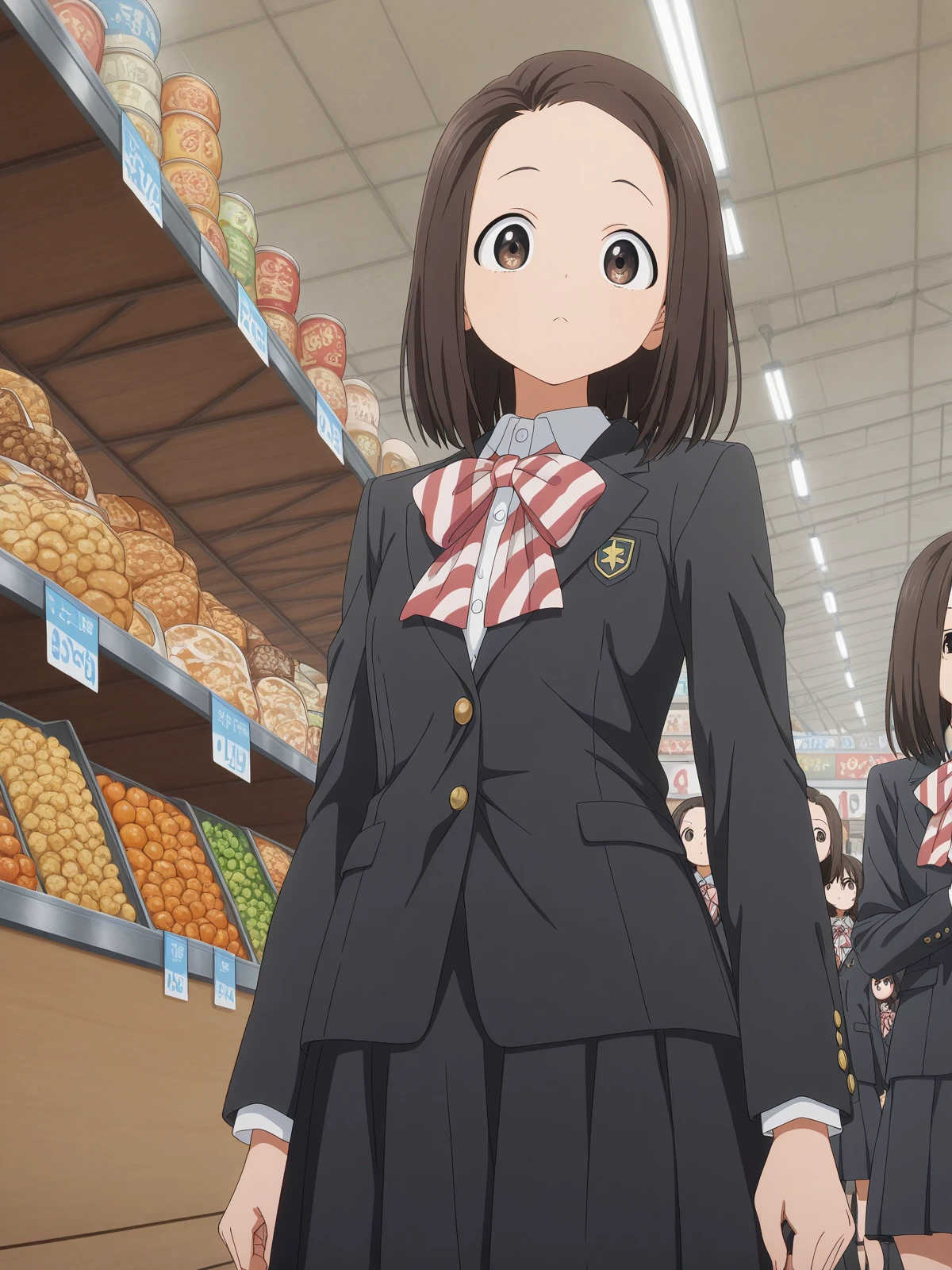 masterpiece, best quality, amazing quality,, <lora:touko-usagihara-s1-illustriousxl-lora-nochekaiser:1>, touko usagihara, short hair, brown hair, brown eyes, medium hair, forehead, anime screencap,, skirt, long sleeves, jacket, black skirt, black jacket, blazer, bow, bowtie, stripped, stripped bowtie,, from below, market, stalls, people, food, trade, cowboy shot, solo, looking at viewer,