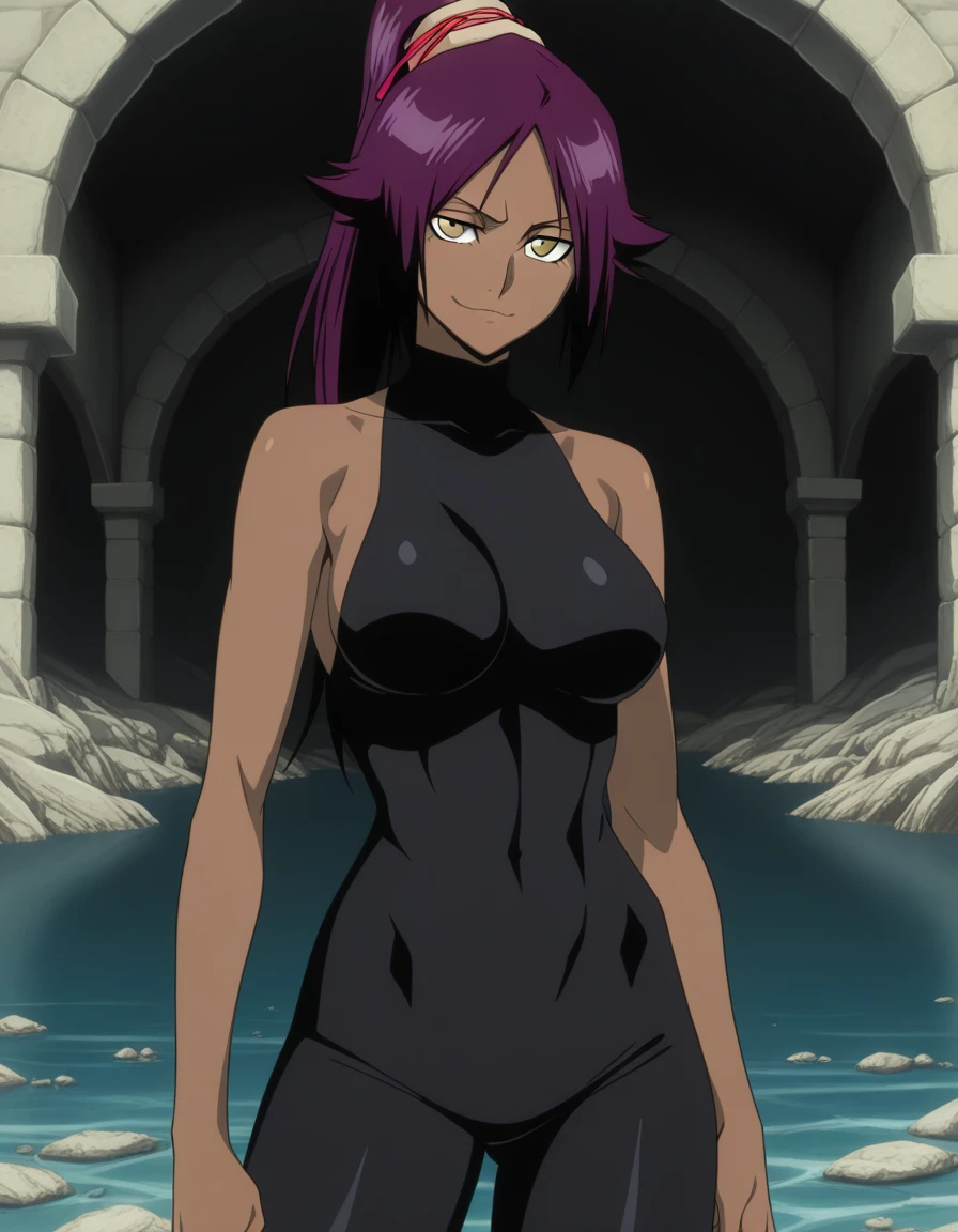 masterpiece, best quality, amazing quality,, <lora:yoruichi-shihouin-anime-illustriousxl-lora-nochekaiser:1>, yoruichi shihouin, shihouin yoruichi, long hair, yellow eyes, ponytail, purple hair, dark skin, dark-skinned female, mature female, medium breasts, anime screencap, bodysuit, black bodysuit, bare arms, bare shoulders,, smug, aqueduct, water, stone, arches, ancient, cowboy shot, solo, looking at viewer