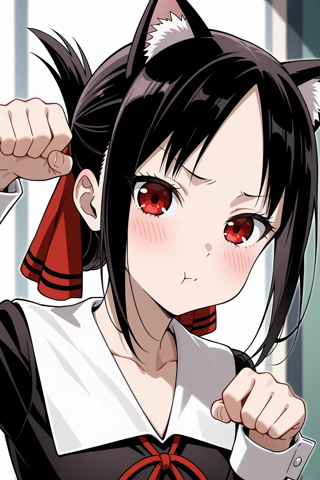 1girl,:t,animal_ears,arm_up,black_hair,blush,cat_ears,closed_mouth,collarbone,female_focus,highres,kaguya-sama_wa_kokurasetai_~tensai-tachi_no_renai_zunousen~,long_sleeves,looking_at_viewer,natsunoiroha,paw_pose,pout,pouty_lips,red_eyes,school_uniform,shinomiya_kaguya,short_hair,shuuchiin_academy_school_uniform,solo,upper_body