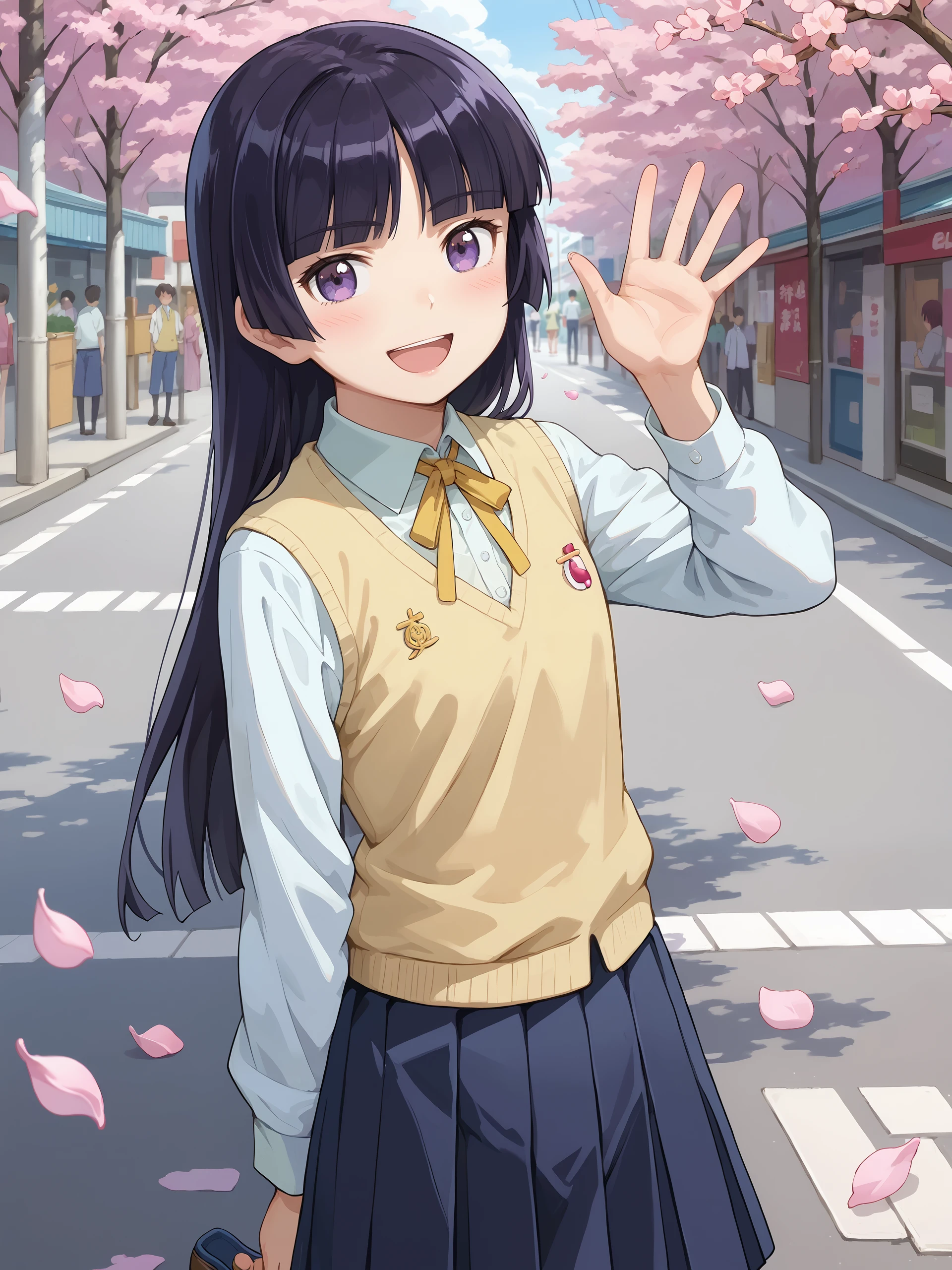 score_9, score_8_up, score_7_up, source_anime, ray tracing, best quality, anime screenshot, anime coloring, <lora:Char-Gokou_Ruri-V1-Pony:0.9:hr=0.6>, 1girl, gokou ruri, solo, yellow neck ribbon, white collared shirt, yellow sweater vest, blue miniskirt, black kneehighs, loafers, standing, contrapposto, full body, smile, open mouth, looking at viewer, waving, outdoors, street, cherry blossoms, petals, depth of field