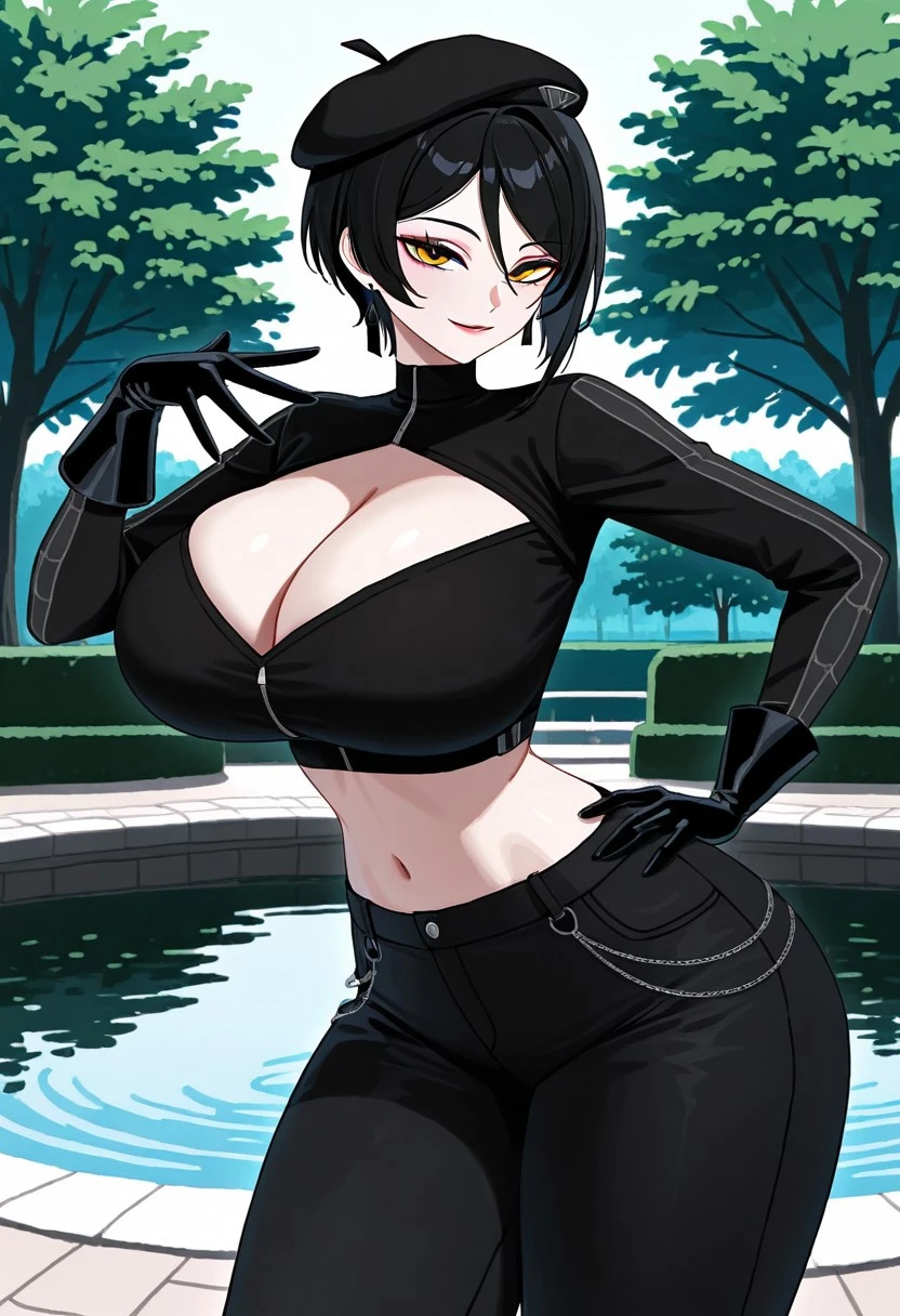 1girl, solo female, ng_deepnegative_v1_75t, easynegative, absurdres, detailed, masterpiece, very aesthetic, very awa, bestquality, Arachnide, Black Hair, Short Hair, Yellow Eyes, Hat, Beret, Black Shirt, Crop Top, Black Pants, Black Gloves, Exposed Midriff, Navel, , cleavage, park, pond, hand on hip, looking at viewer,  smile,  pose, perfect hands