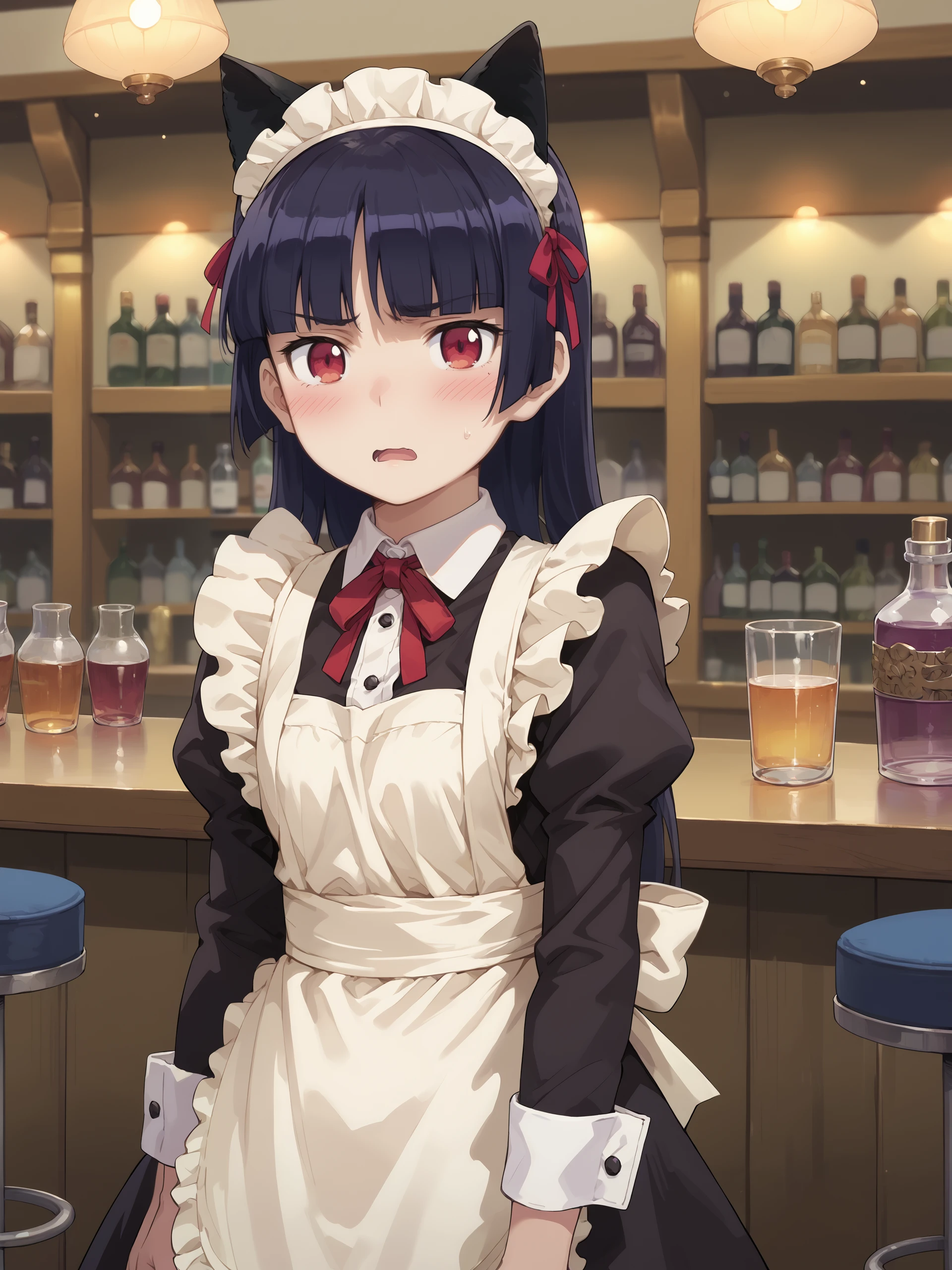 score_9, score_8_up, score_7_up, source_anime, ray tracing, best quality, anime screenshot, anime coloring, <lora:Char-Gokou_Ruri-V1-Pony:0.9:hr=0.6>, 1girl, solo, gokou ruri, solo, maid, red eyes, cat ears, red neck ribbon, black maid dress, maid apron, black pantyhose, embarrassed, open mouth, blush, parted lips, looking at viewer, cowboy shot, standing, contrapposto, bar \(place\), indoors, depth of field
