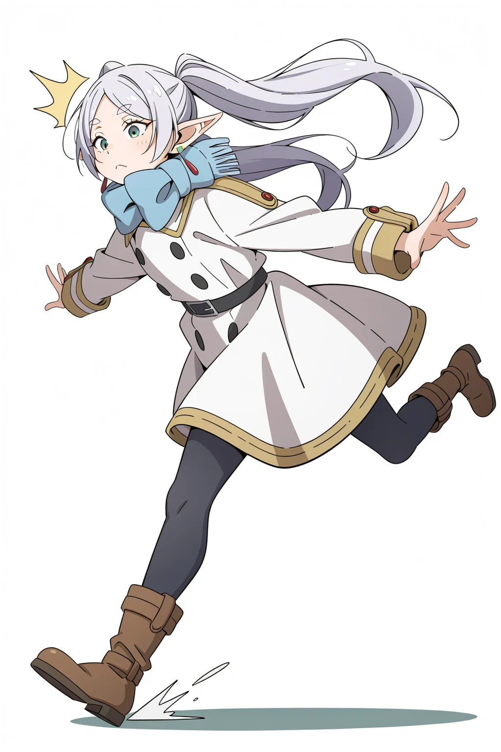 1girl,^^^,black_pantyhose,blue_scarf,boots,brown_boots,buttons,clip_studio_paint_\(medium\),coat,earrings,eitopondo,elf,frieren,from_side,frown,full_body,green_eyes,highres,jewelry,long_hair,long_sleeves,loose_hair_strand,making-of_available,outstretched_arms,pantyhose,parted_bangs,pointy_ears,scarf,short_eyebrows,simple_background,solo,sousou_no_frieren,thick_eyebrows,tripping,twintails,white_background,white_coat,white_hair