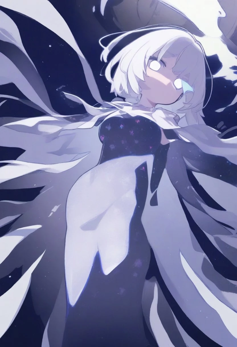 snwdctl, 1girl, white eyes, no pupils, glowing eyes, space pattern body, coming from portal