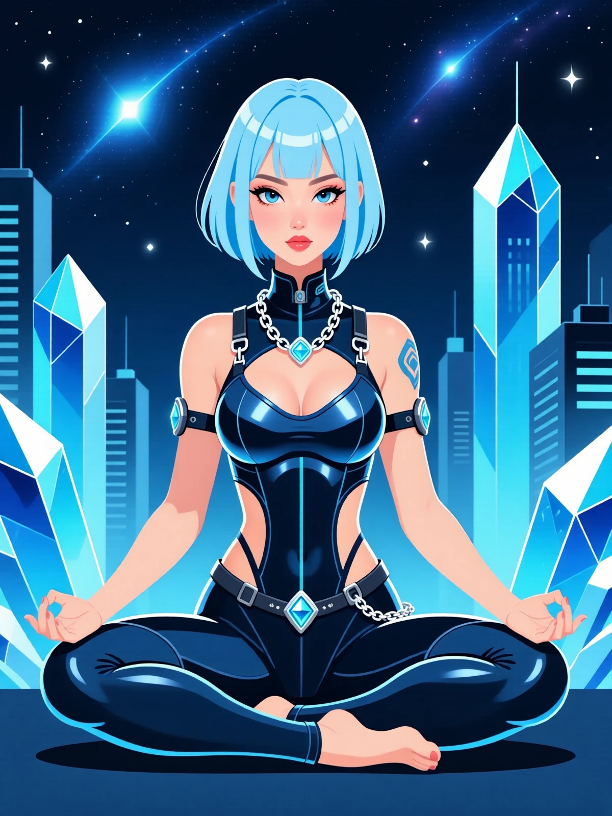 Minimalist flat vector art; flat colors; no lineart; simple shapes; soft, subtle gradients; A slim, toned, atheletic woman with hime cut infra lightblue hair, wearing Quantum-link chain harness over Pose: sitting indian style background: crystalline,city-like abstract image, Asian Girl style color scheme: glowing dark midnightblue and cosmic lightskyblue <lora:QwenVectorPinup_v1:1.0> <lora:Qwen-Image-Lightning-4steps-V1.0-bf16:1.0>