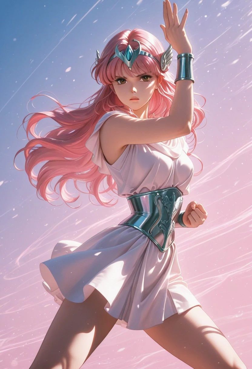 score_9, score_8_up, score_7_up, , best quality, masterpiece, full color, 1girl, pink hair,brown eyes, silver circlet, fighting stance, short dress, retro style, corset, white dress