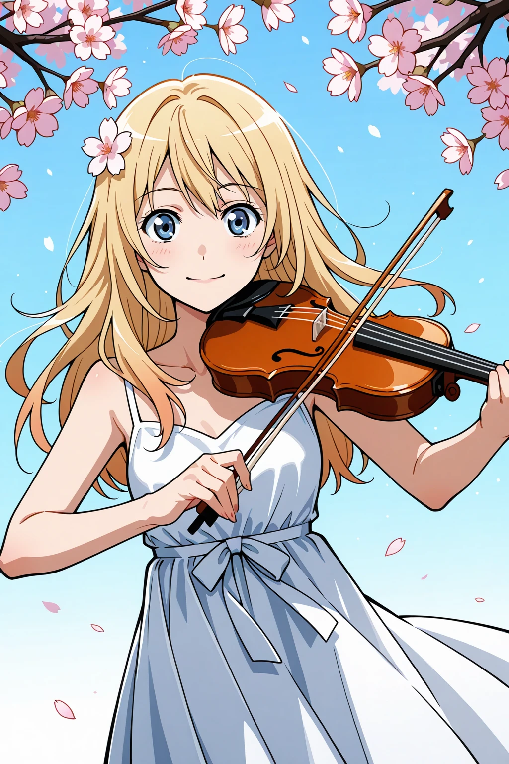 1girl,blonde_hair,blue_eyes,cherry_blossoms,dress,flower,hair_flower,highres,instrument,long_hair,looking_at_viewer,miyazono_kawori,shigatsu_wa_kimi_no_uso,sushi_\(7082124\),violin,bow_\(music\),white_dress