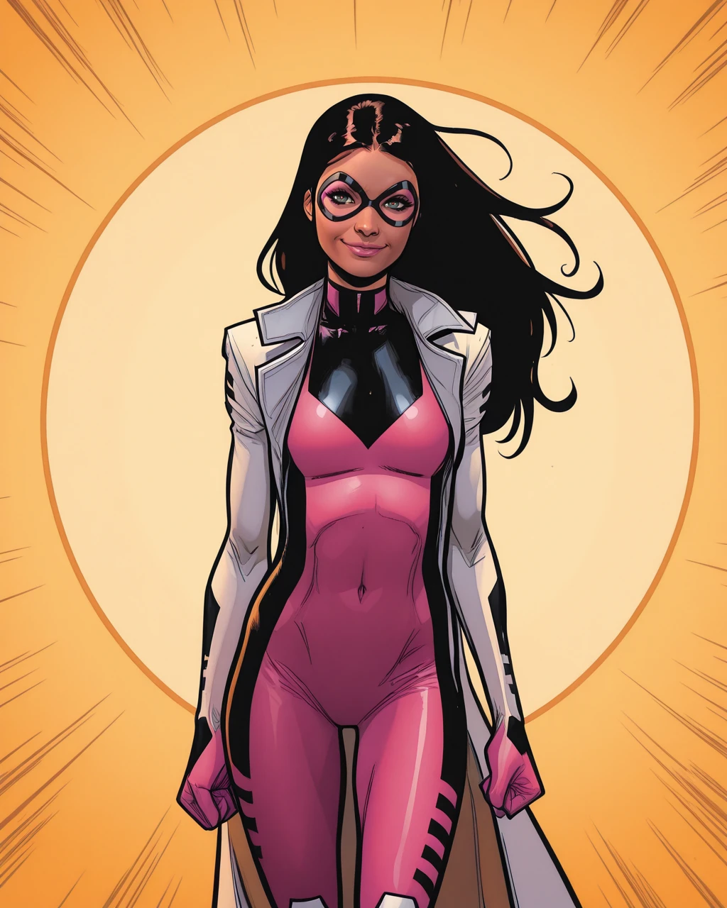 masterpiece, best quality, absurdres, perfect quality, absolutely eye-catching, source_comics, western comics (style), <lora:SaraPichelliStyleIllus:1> sarapstyle, <lora:BombshellIllus:1> lanab, long hair, black hair, domino mask, bodysuit, labcoat, cowboy shot, looking at viewer, smile,