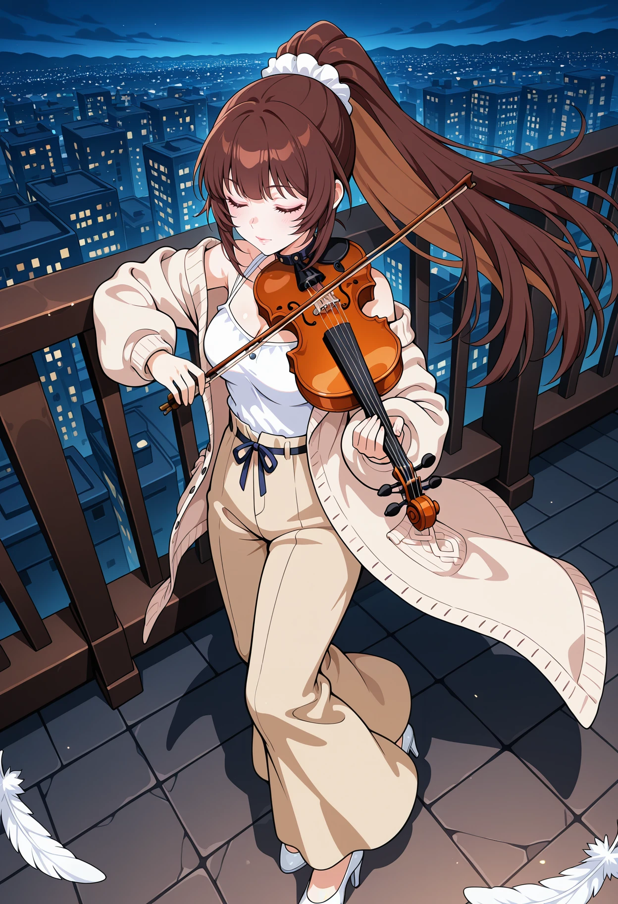 <lora:ç¾å¨
:1>,Mela Lee,brown hair,long hair,yellow eyes,
masterpiece,best quality,anime coloring,anime screencap,
cleavage,(beige wide leg pants:1.3),(white pump heels:1.2),cardigan tucked in,
closed mouth,closed eyes,lips,instrument,music,holding instrument,playing instrument,violin,bow \\(music\\),holding violin,outdoors,sky,wind,Wide Shot,From Above,meteors shower,City Lights Lighting,dusk,dark,railing,medium breasts,light purple cropped jacket,white sleeveless strap shirt,white feathers,wind,high ponytail,
