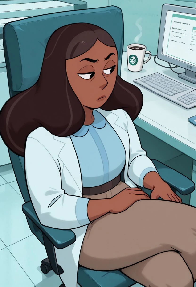 masterpiece, best quality, newest, absurdres, highres, 1girl, solo, priyankaILL, long hair, dark skin, two toned hair, blue shirt, labcoat, brown pants, mature female, steven universe, desk, computer chair, office background, dynamic angle, foreshortening, sitting, coffee cup, legs crossed,