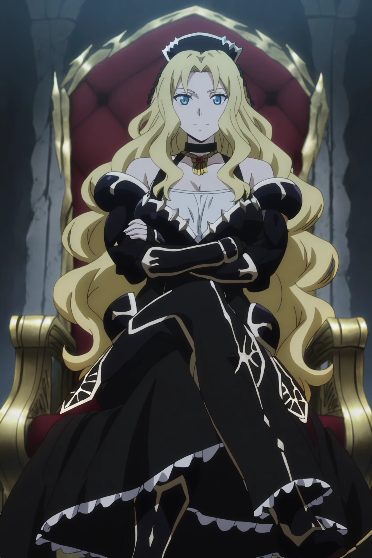 masterpiece, newest, absurdres, best quality, amazing quality, very aesthetic, ultra-detailed, highly detailed, newest, scenery, beautiful face, perfect eyes, detailed eyes, shiny skin, dynamic lighting, ((solo)), throne room, crossed legs, crossed arms, side view, smile,
<lora:Marrine_Kreische_Armor-10:1>Marrine_Kreische_Armor, 1girl, blue eyes, large breasts, blonde hair, cleavage, very long hair, parted bangs, wavy hair, armor dress, long dress, fingerless gloves, headdress, jewelry, boots,, <lora:anime_screencap:1> anime screencap, anime coloring, 2d, anime style