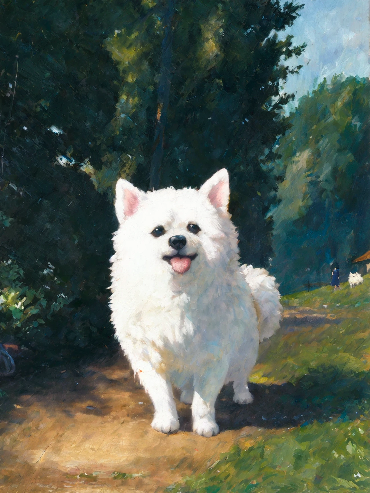 masterpiece, best quality, absurdres, highres, white pomeranian \(dog\), solo, cute, nature, oil painting, traditional medium