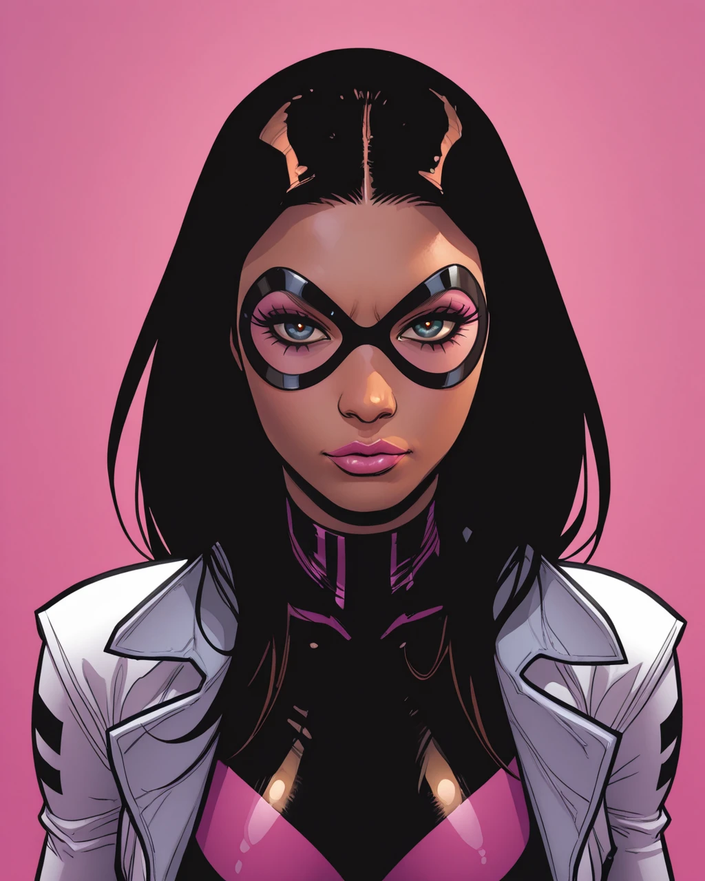 masterpiece, best quality, absurdres, perfect quality, absolutely eye-catching,  source_comics, western comics (style),   <lora:SaraPichelliStyleIllus:0.8> sarapstyle,   <lora:BombshellIllus:1> lanab, long hair, black hair, domino mask, labcoat, bodysuit, looking at viewer, seductive, sexy, portrait, simple background, close-up, above shoulders,