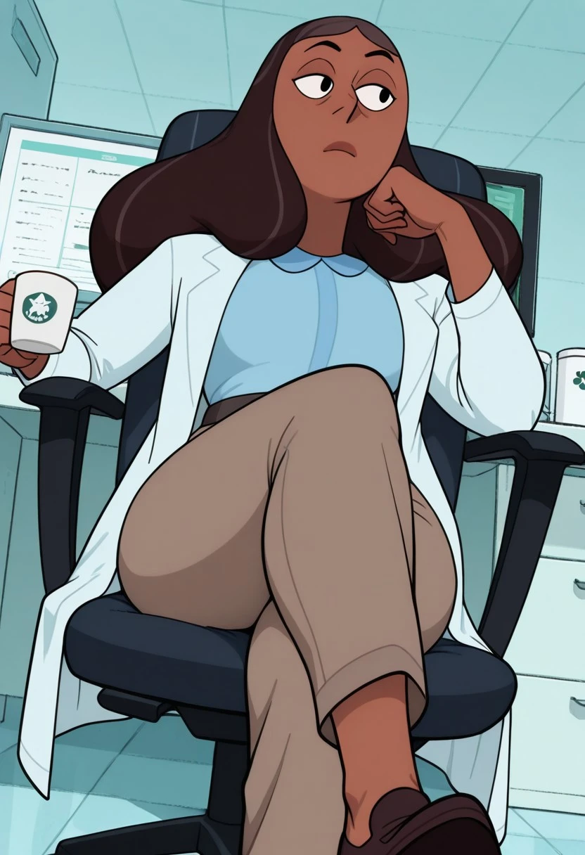 masterpiece, best quality, newest, absurdres, highres, 1girl, solo, priyankaILL, long hair, dark skin, two toned hair, blue shirt, labcoat, brown pants, mature female, steven universe, desk, computer chair, office background, dynamic angle, foreshortening, sitting, coffee cup, legs crossed,