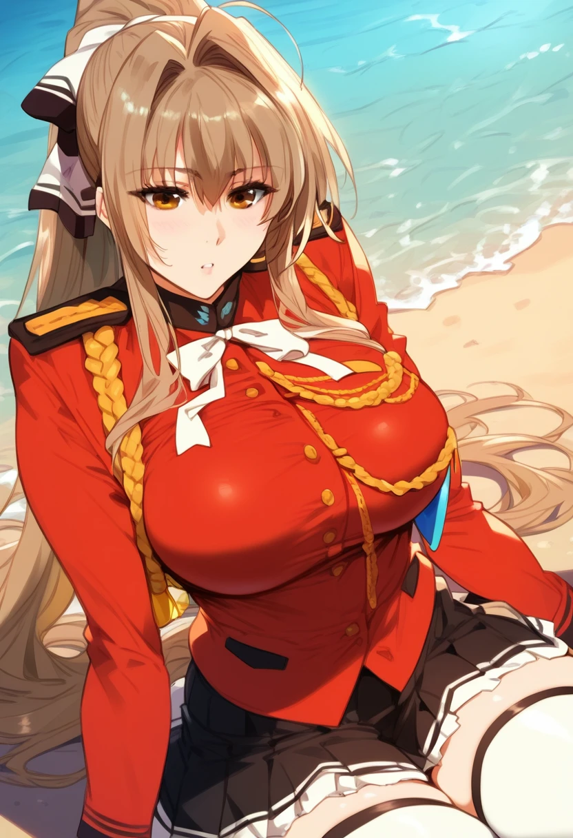 score_9, score_8_up, score_7_up, score_6_up, score_5_up, score_4_up, masterpiece, best quality, highly detailed, BREAK, 1girl, <lora:Sento_Izusu:1> sentopony, long hair, brown hair female, brown eyes, ponytail, , uniform, skirt, thighhighs <lora:Teardrop_Style:1>