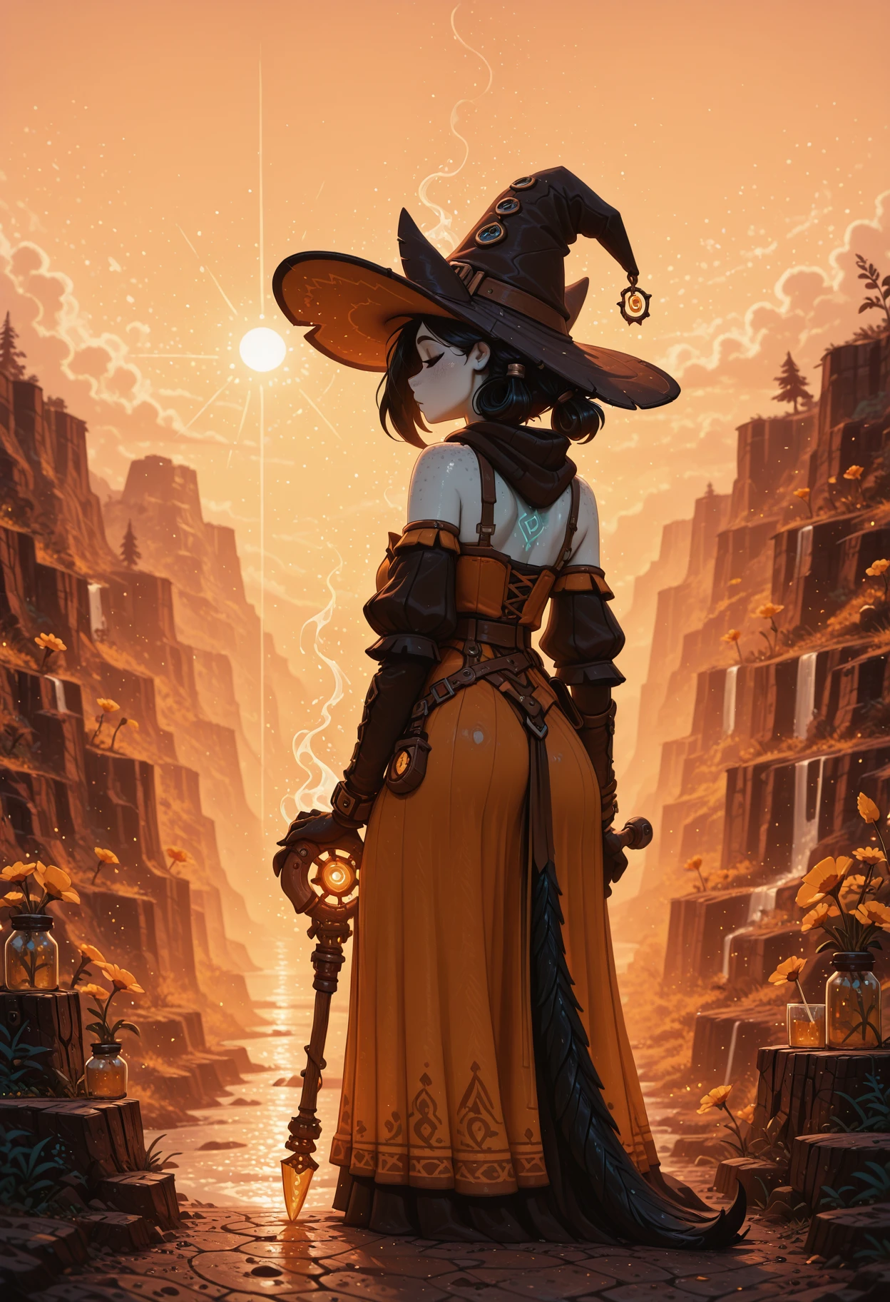 newtooncore, masterpiece, best quality, 1girl,, summer theme, rear angle of an athletic Moroccan (Maggie Gyllenhaal:1.2) , Maggie Gyllenhaal is Magical and Fashionable, with Glass skin, masterpiece, in Rustic Hennin, Freckles and Witch Hat, Sun in the sky, soft focus, F/1.8, Amaro, UHD, unreal engine, sunny atmosphere, warm colors, heat, summer time inspiration