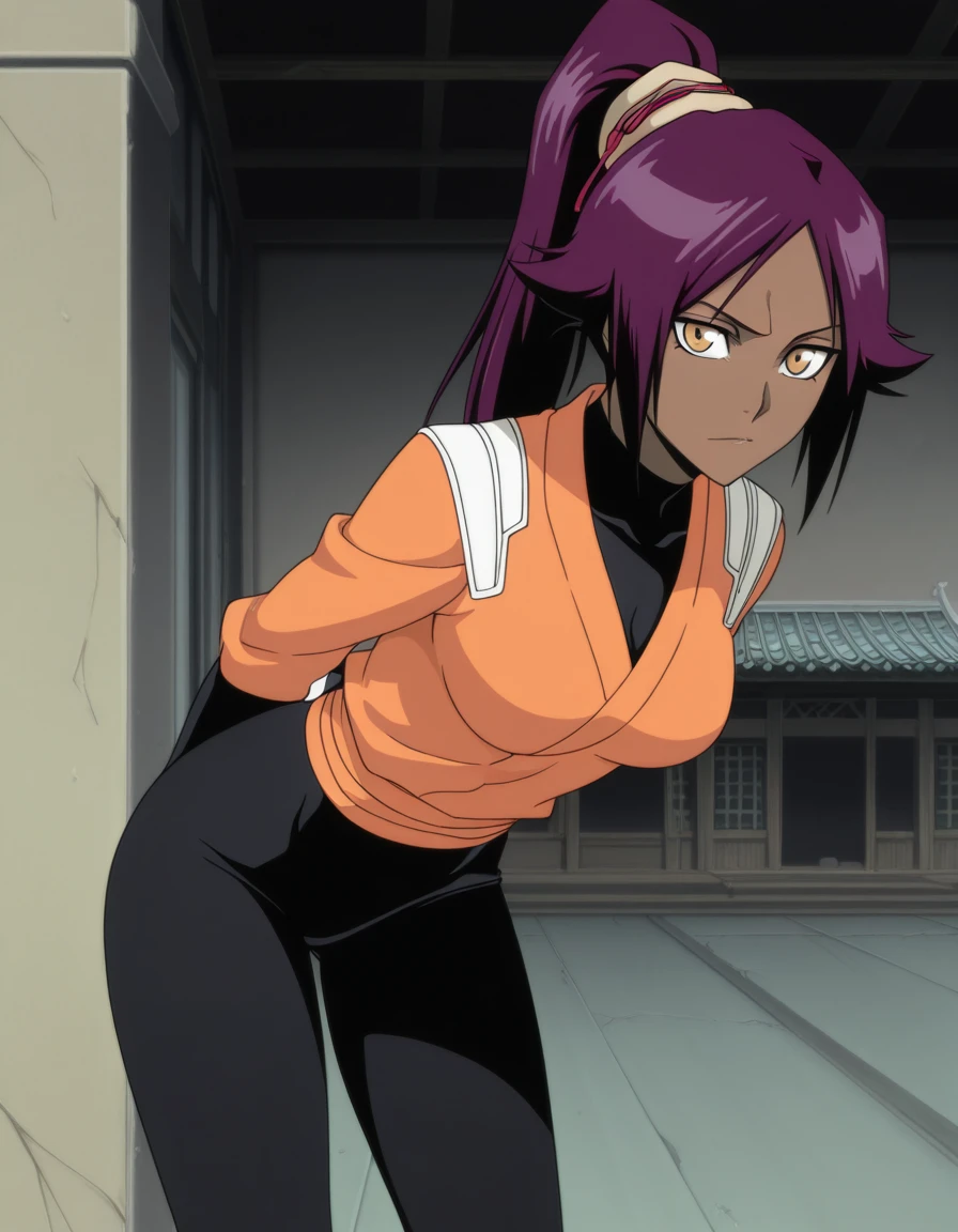 masterpiece, best quality, amazing quality,, <lora:yoruichi-shihouin-anime-illustriousxl-lora-nochekaiser:1>, yoruichi shihouin, shihouin yoruichi, long hair, yellow eyes, ponytail, purple hair, dark skin, dark-skinned female, mature female, medium breasts, anime screencap, bodysuit, black bodysuit, bodysuit under clothes, orange shirt, long sleeves,, hands behind back, bent over,, Buildings, architecture, man_made, urban, interior, cowboy shot, solo, looking at viewer