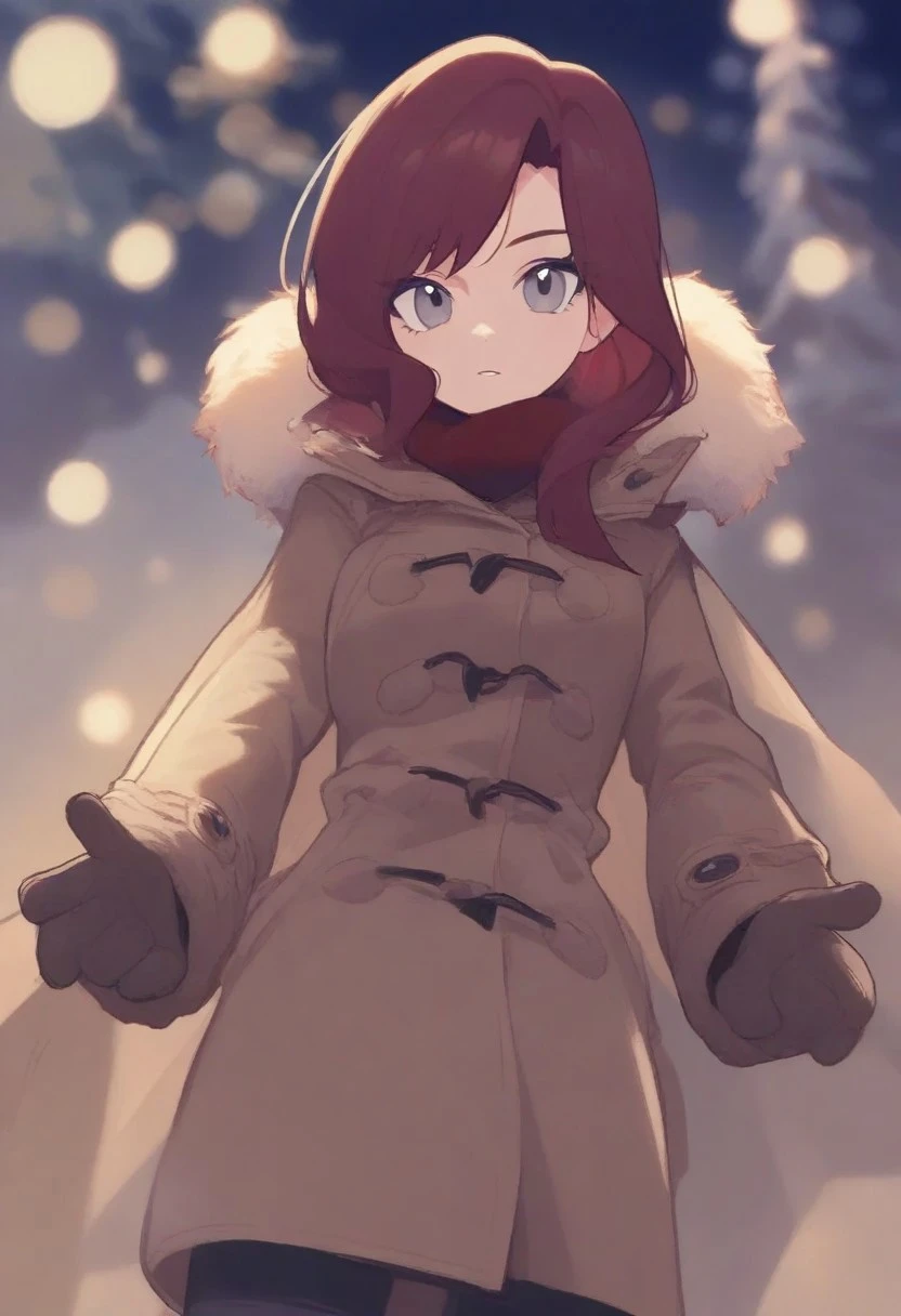 snwdctl, 1girl, grey eyes, burgundy hair, winter coat, trenchcoat, fur trim, winter