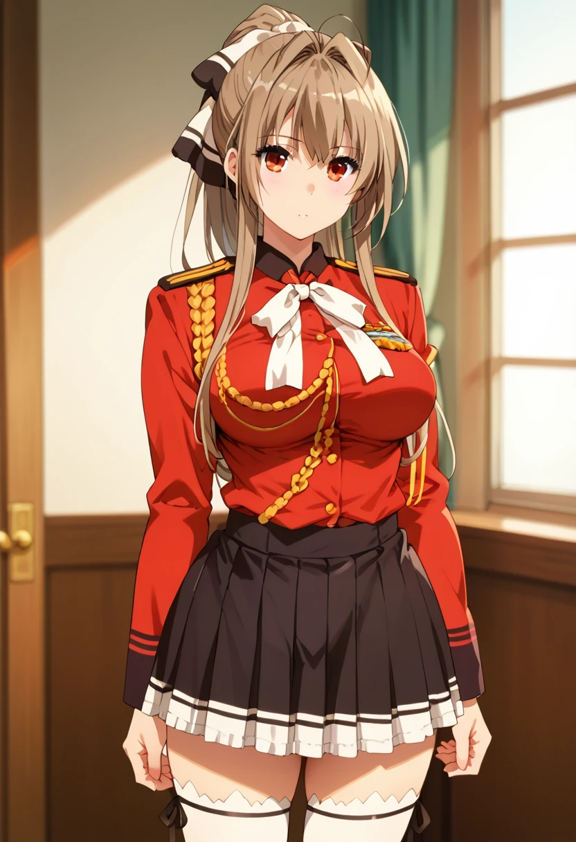 score_9, score_8_up, score_7_up, score_6_up, score_5_up, score_4_up, masterpiece, best quality, highly detailed, BREAK, 1girl, <lora:Sento_Izusu:1> sentopony, long hair, brown hair female, brown eyes, ponytail, , uniform, skirt, thighhighs