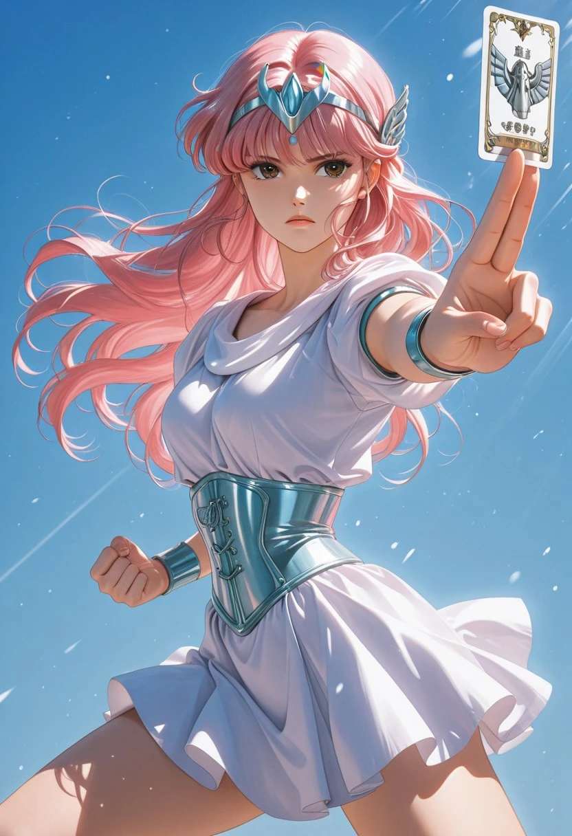 score_9, score_8_up, score_7_up, , best quality, masterpiece, full color, 1girl, pink hair,brown eyes, silver circlet, retro style, corset, white dress, short dress, fighting stance, holding card,