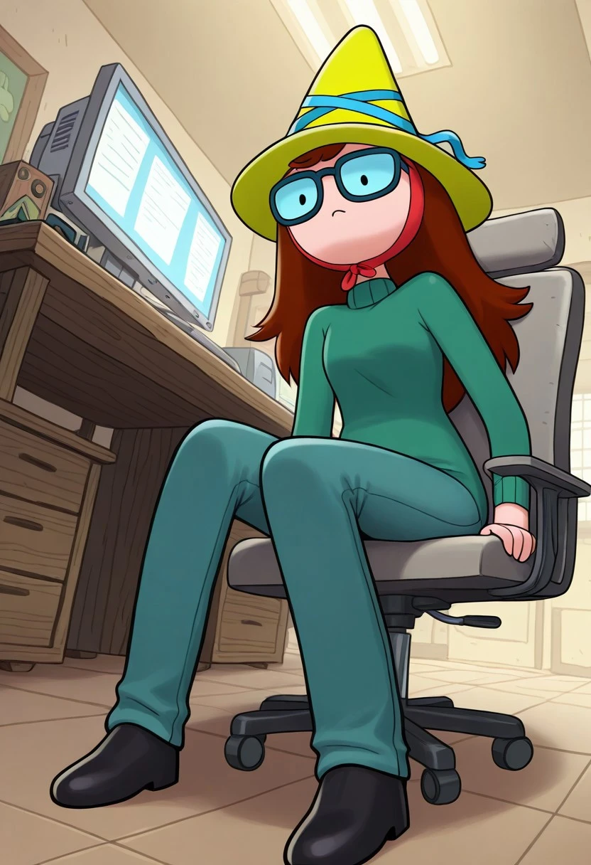 masterpiece, best quality, newest, absurdres, highres, 1girl, solo, bettygrofILL, brown hair, glasses, hat, long hair, green sweater, dynamic angle, foreshortening, desk, computer chair, office background, dynamic angle, foreshortening, sitting, adventure time