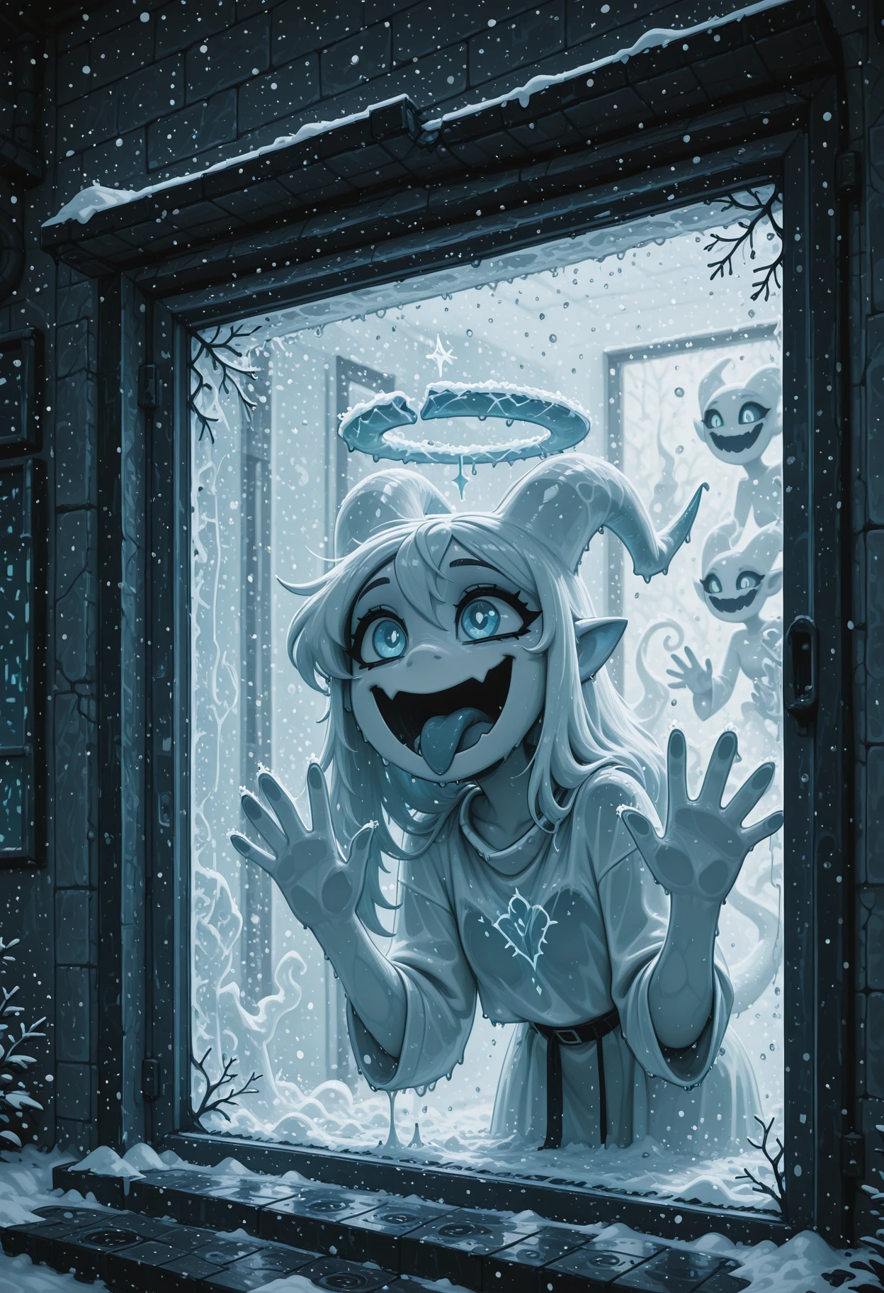 newtooncore, masterpiece, best quality, , pale ghost imp with hands pressed against glass, licking the window with a tongue made of mist, tiny body hunched and twitchy, cracked halo hovering above, eye-level shot from inside the room looking outward through fogged-up glass, ghost face smudging the window, (wet smudge texture:0.9), (tongue distortion:0.7), (halo flicker:0.6), (window condensation:1.0), outside: snow falling, yard frozen, only its smile visible in the dark