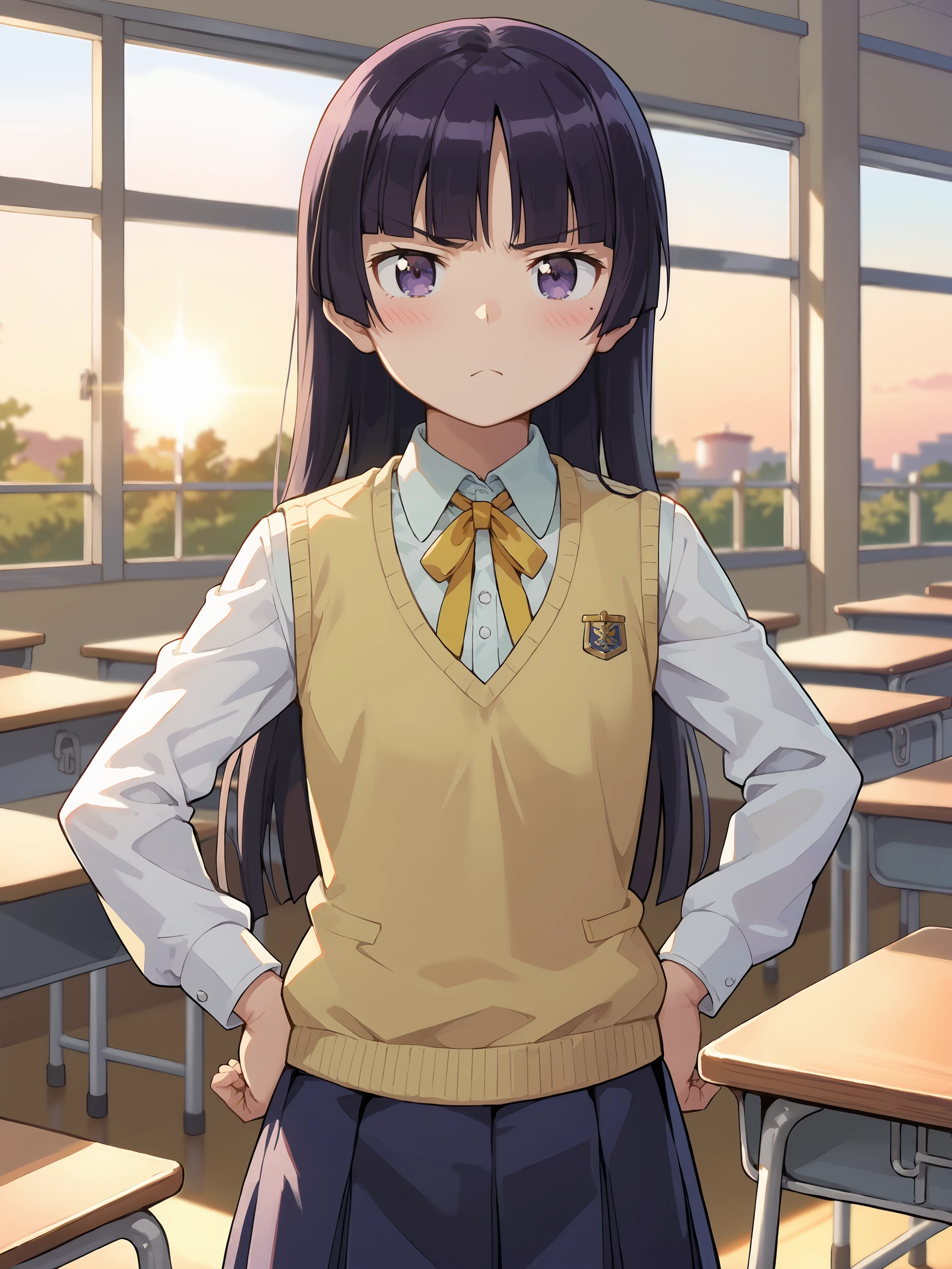 score_9, score_8_up, score_7_up, source_anime, ray tracing, best quality, anime screenshot, anime coloring, <lora:Char-Gokou_Ruri-V1-Pony:0.9:hr=0.6>, 1girl, gokou ruri, solo, yellow neck ribbon, white collared shirt, yellow sweater vest, blue miniskirt, standing, contrapposto, cowboy shot, looking at viewer, pout, blush, hands on hips, sunset, classroom, school desk, window, backlighting, depth of field